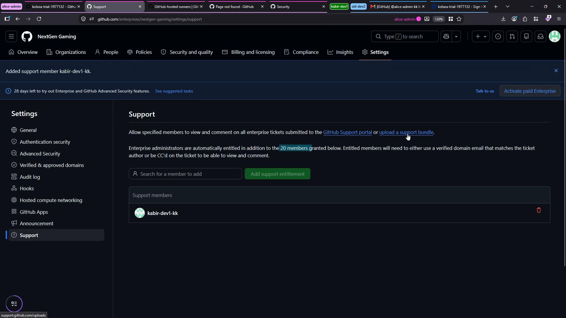 A dark-mode screenshot of a GitHub Enterprise settings page showing the Support section where a support member has been added. The left sidebar lists settings categories while the main pane explains support entitlements and displays the added member entry.