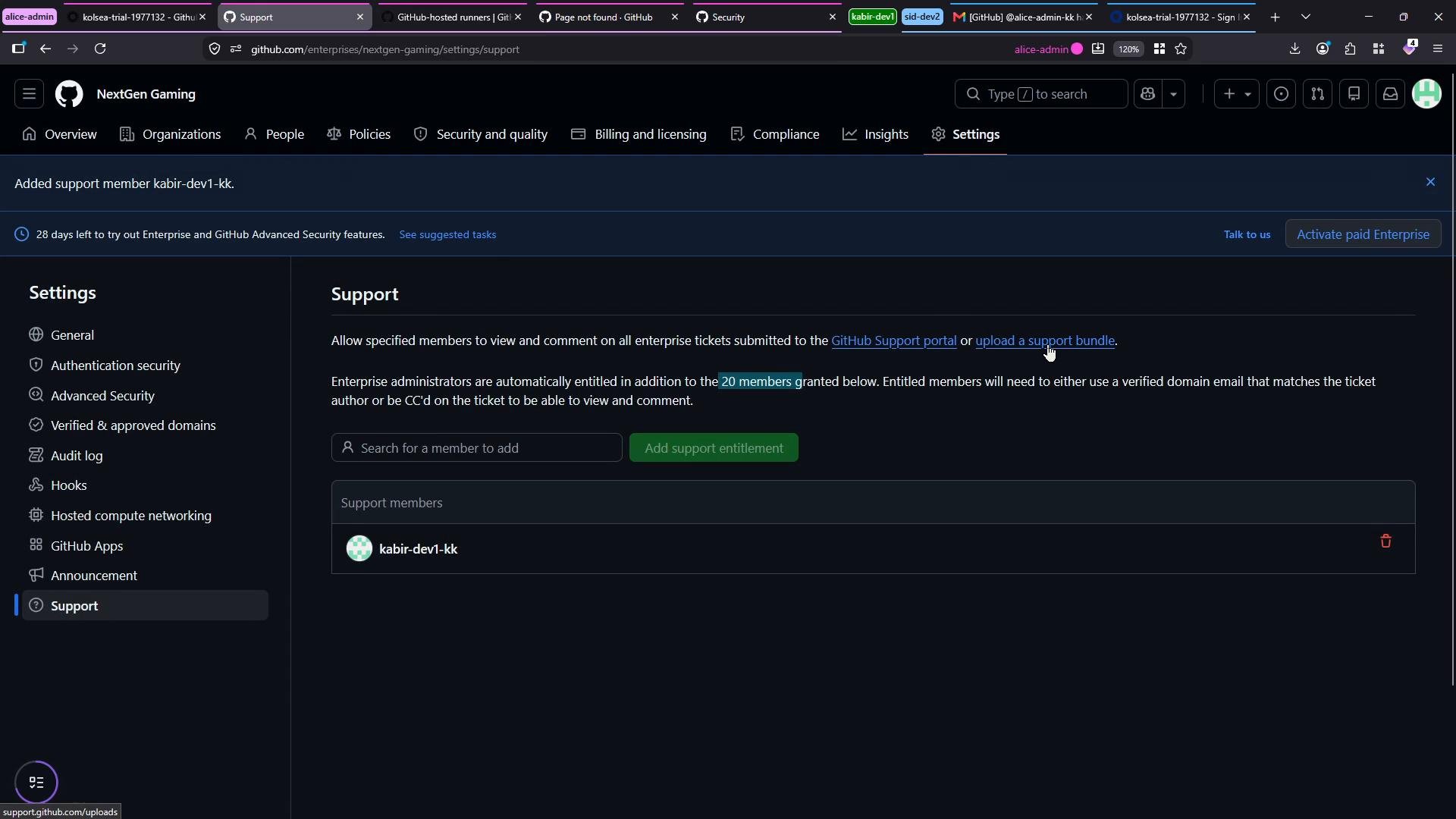 A dark-mode screenshot of a GitHub Enterprise settings page showing the Support section where a support member has been added. The left sidebar lists settings categories while the main pane explains support entitlements and displays the added member entry.
