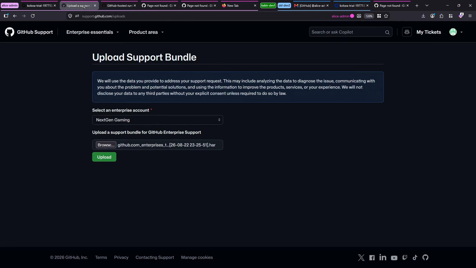 A dark-themed GitHub Support webpage titled "Upload Support Bundle" showing a form to select an enterprise account (NextGen Gaming) and a file input with a .har support bundle ready to upload, plus a green "Upload" button.
