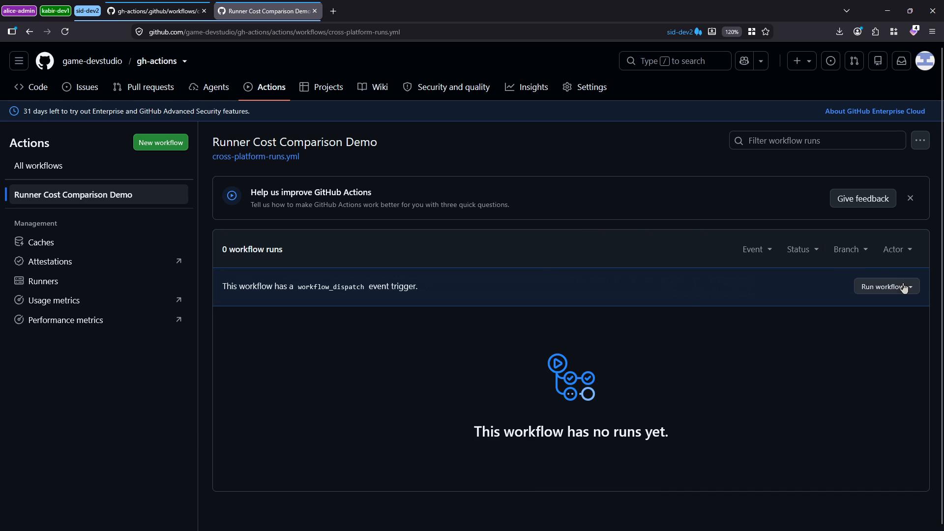 A dark‑themed screenshot of the GitHub Actions page for a repository, showing the "Runner Cost Comparison Demo" workflow. The page indicates there are no workflow runs yet and shows a "Run workflow" button and the left‑side Actions management menu.