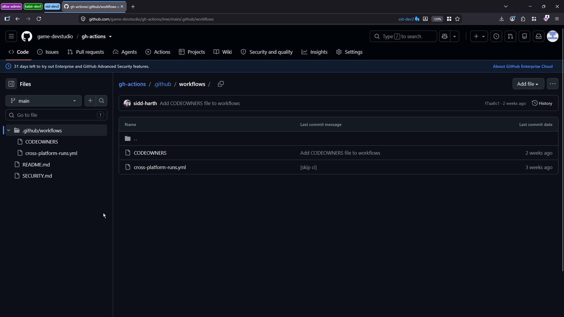 A screenshot of a GitHub repository page in dark mode showing the .github/workflows folder with files like CODEOWNERS and cross-platform-runs.yml listed. The interface also shows commit messages, navigation tabs, and branch selection.