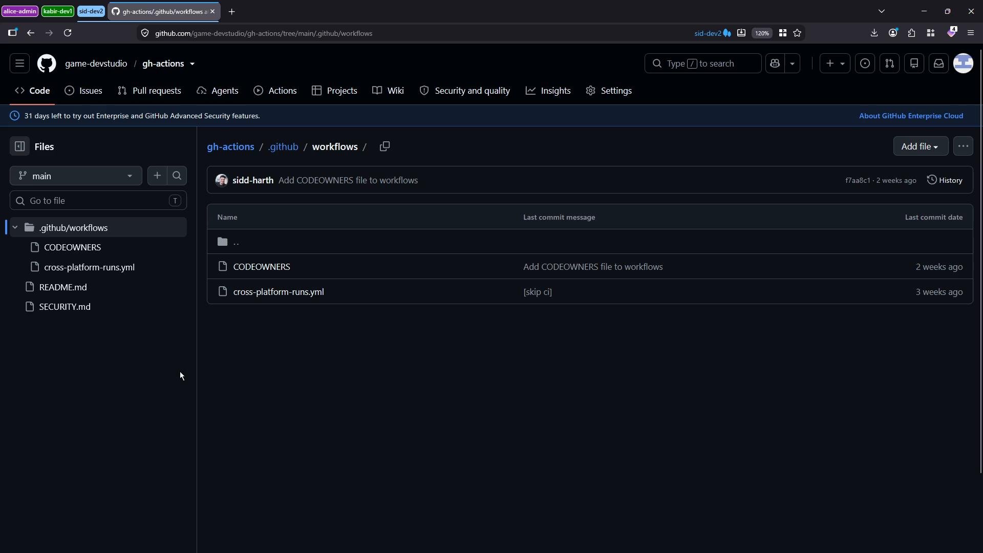 A screenshot of a GitHub repository page in dark mode showing the .github/workflows folder with files like CODEOWNERS and cross-platform-runs.yml listed. The interface also shows commit messages, navigation tabs, and branch selection.