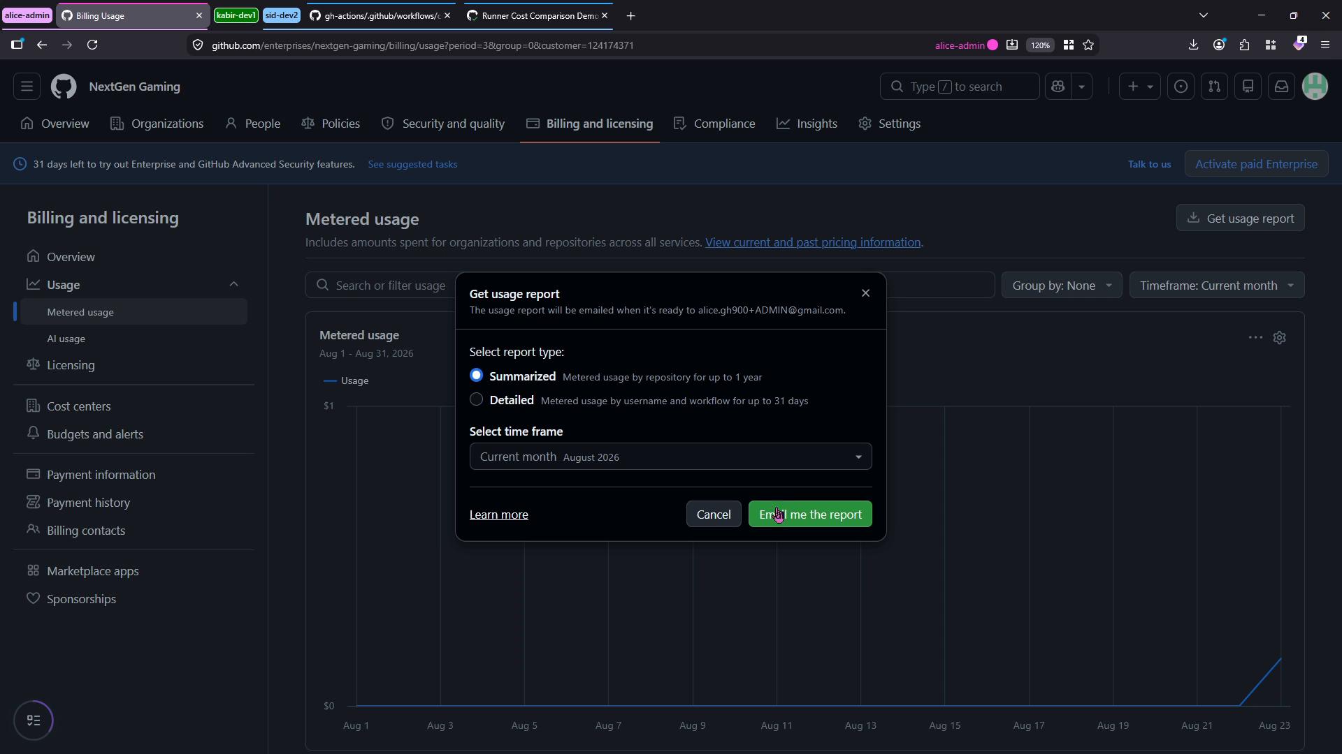 A dark-themed GitHub Enterprise "NextGen Gaming" billing and licensing screen showing the Metered usage graph and sidebar nav. A "Get usage report" dialog is open letting the user pick Summarized or Detailed reports and the current month (August 2026) before emailing the report.