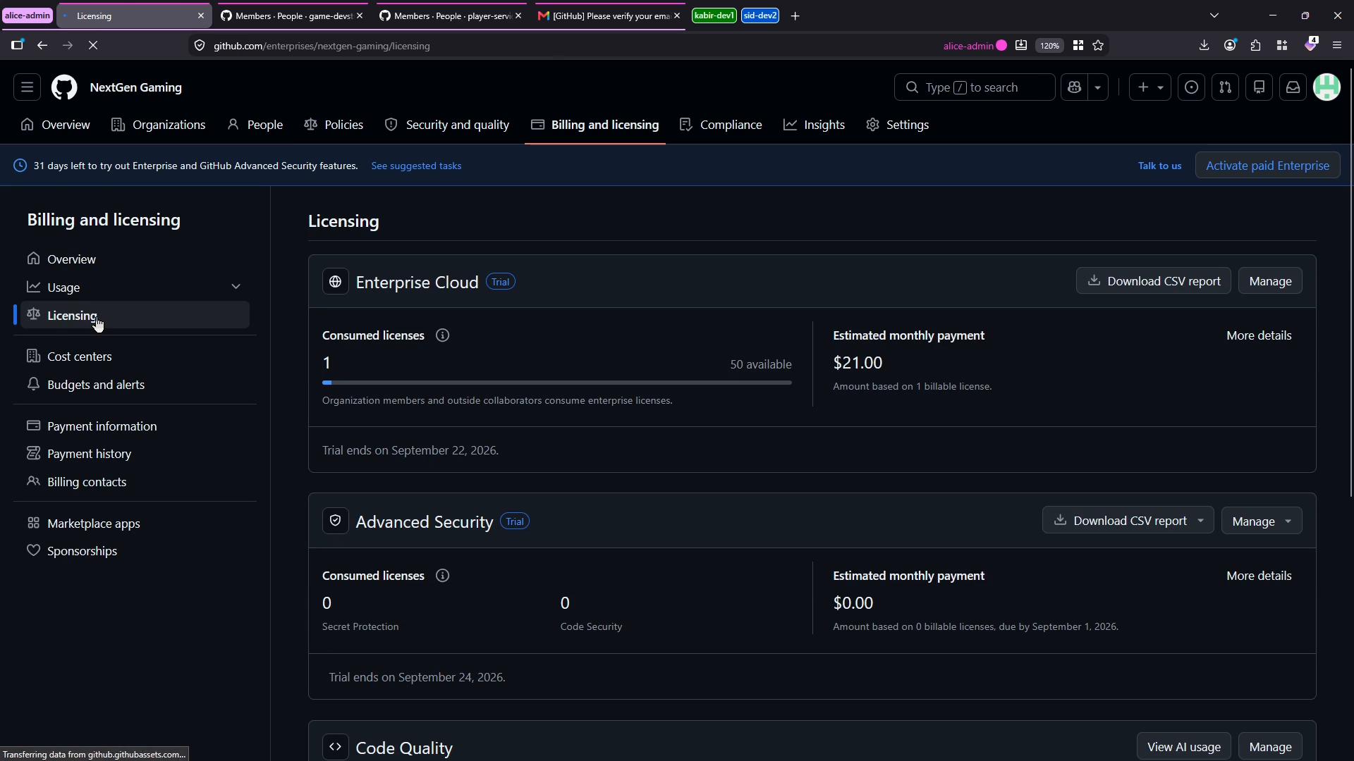 A screenshot of a GitHub Enterprise "Billing and licensing" page for an organization called NextGen Gaming showing Enterprise Cloud trial details — 1 consumed license and an estimated monthly payment of $21.00. The left sidebar displays billing navigation items like Overview, Usage, Licensing, Cost centers and Payment information.