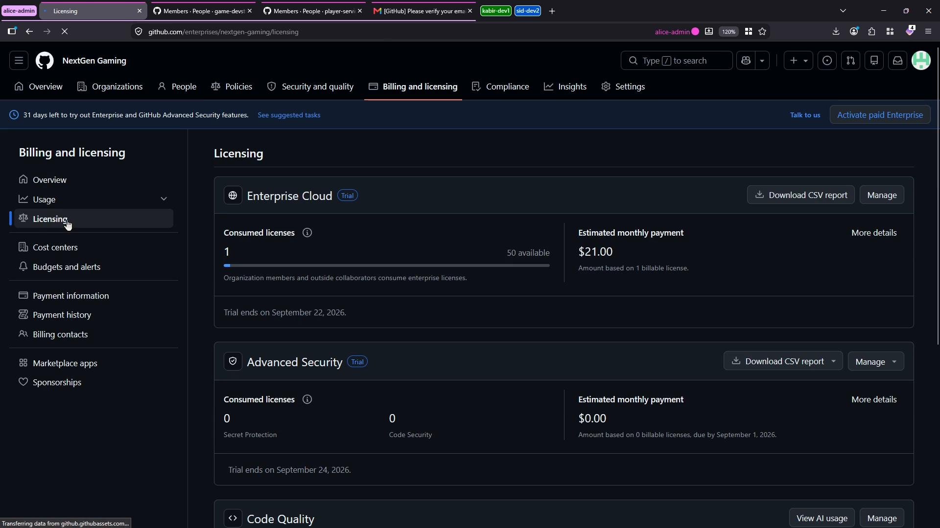 A screenshot of a GitHub Enterprise "Billing and licensing" page for an organization called NextGen Gaming showing Enterprise Cloud trial details — 1 consumed license and an estimated monthly payment of $21.00. The left sidebar displays billing navigation items like Overview, Usage, Licensing, Cost centers and Payment information.