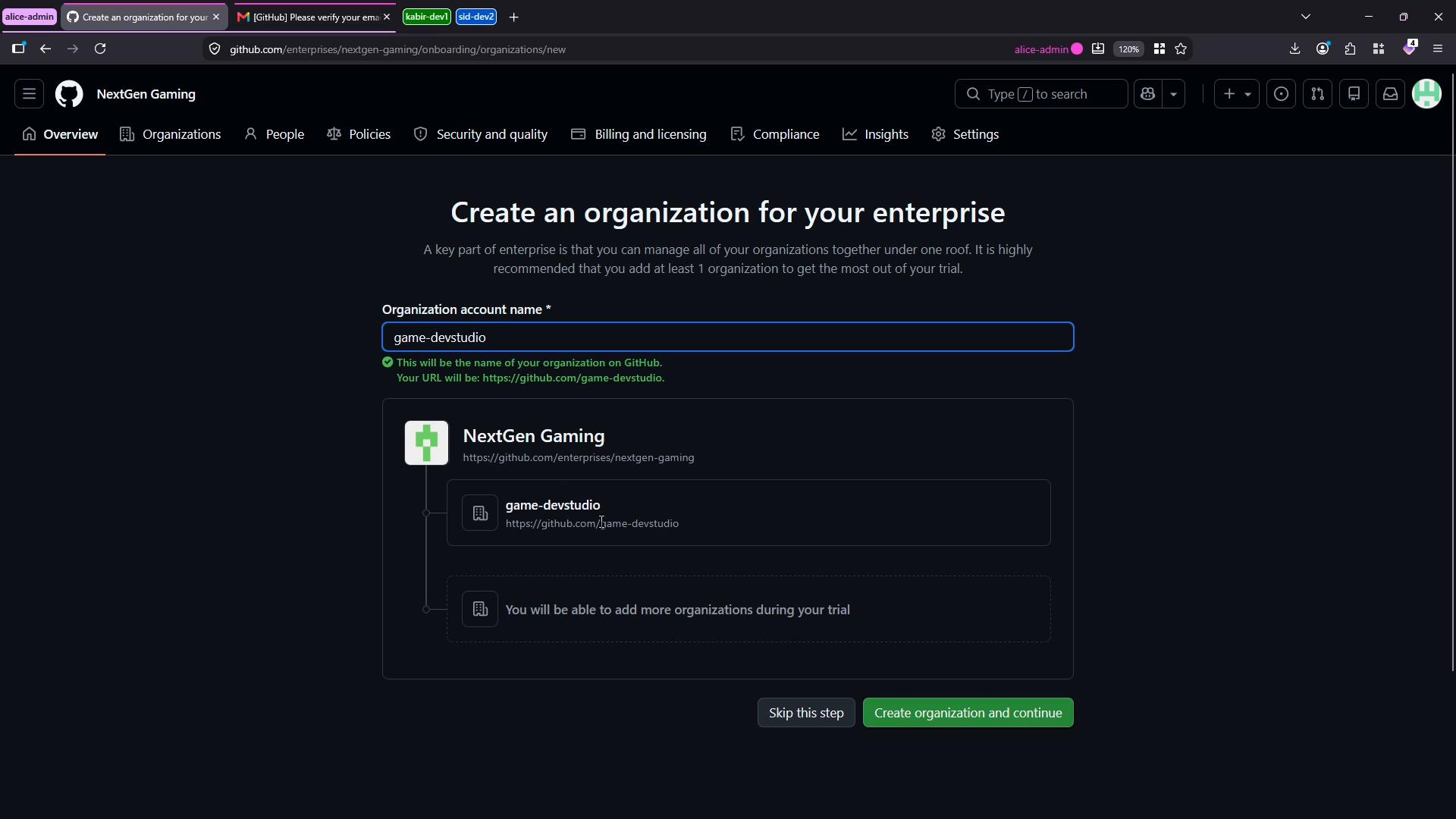 A dark-themed GitHub setup page for creating an enterprise organization, showing "NextGen Gaming" and a filled organization account name field "game-devstudio". Buttons at the bottom read "Skip this step" and "Create organization and continue."