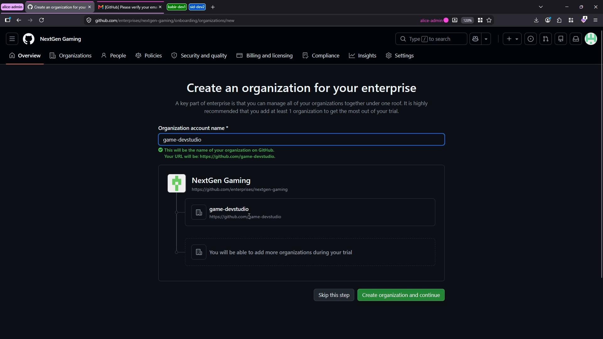 A dark-themed GitHub setup page for creating an enterprise organization, showing "NextGen Gaming" and a filled organization account name field "game-devstudio". Buttons at the bottom read "Skip this step" and "Create organization and continue."