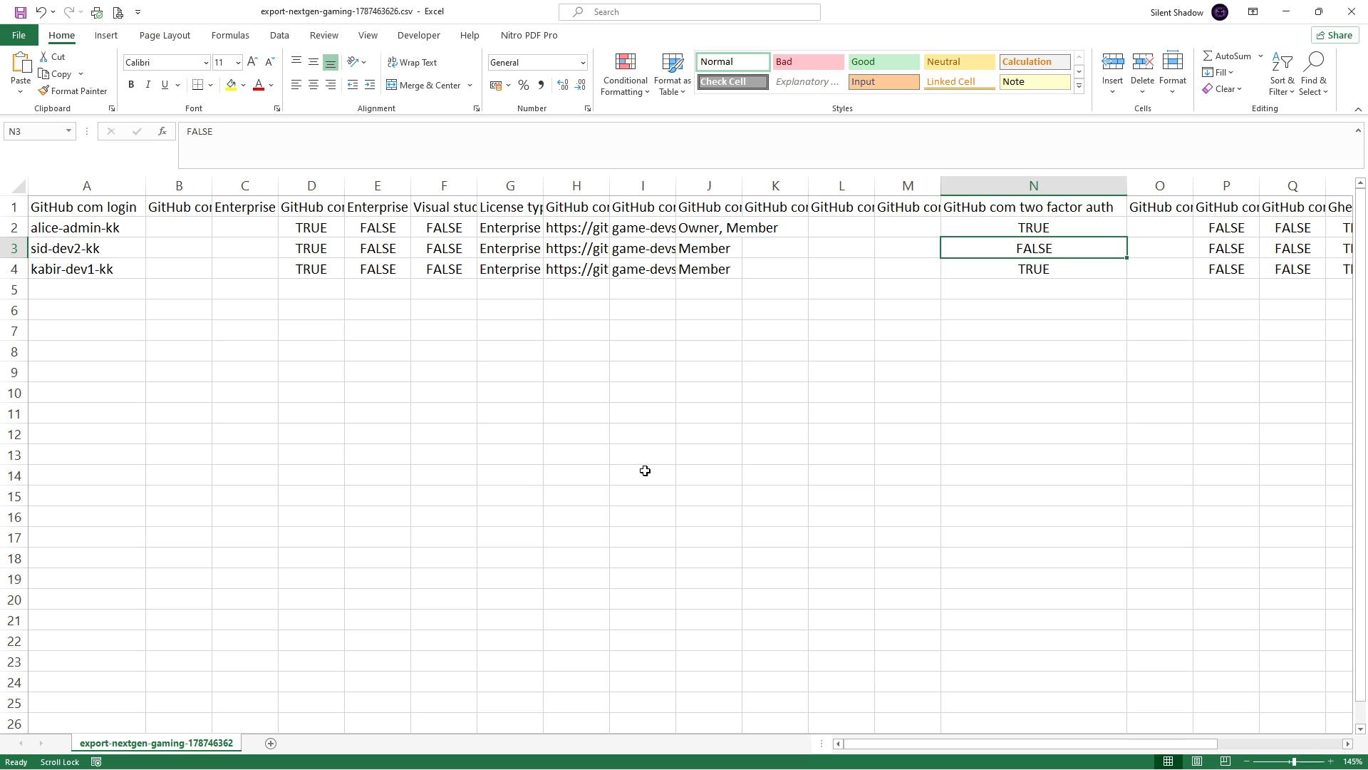 A screenshot of an Excel spreadsheet showing exported GitHub account data with columns for login, enterprise/license info, roles and two-factor authentication (TRUE/FALSE). Visible rows include usernames like "alice-admin-kk", "sid-dev2-kk" and "kabir-dev1-kk".