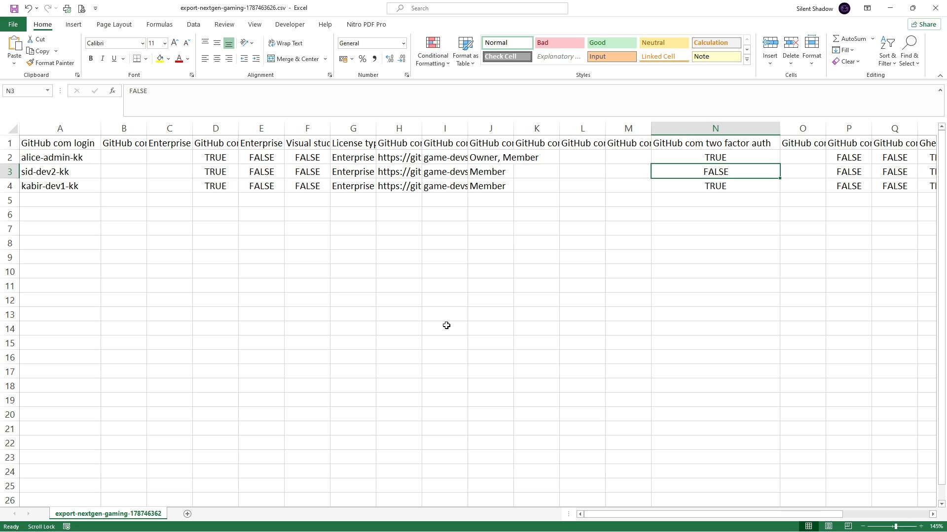 A screenshot of an Excel spreadsheet showing exported GitHub account data with columns for login, enterprise/license info, roles and two-factor authentication (TRUE/FALSE). Visible rows include usernames like "alice-admin-kk", "sid-dev2-kk" and "kabir-dev1-kk".