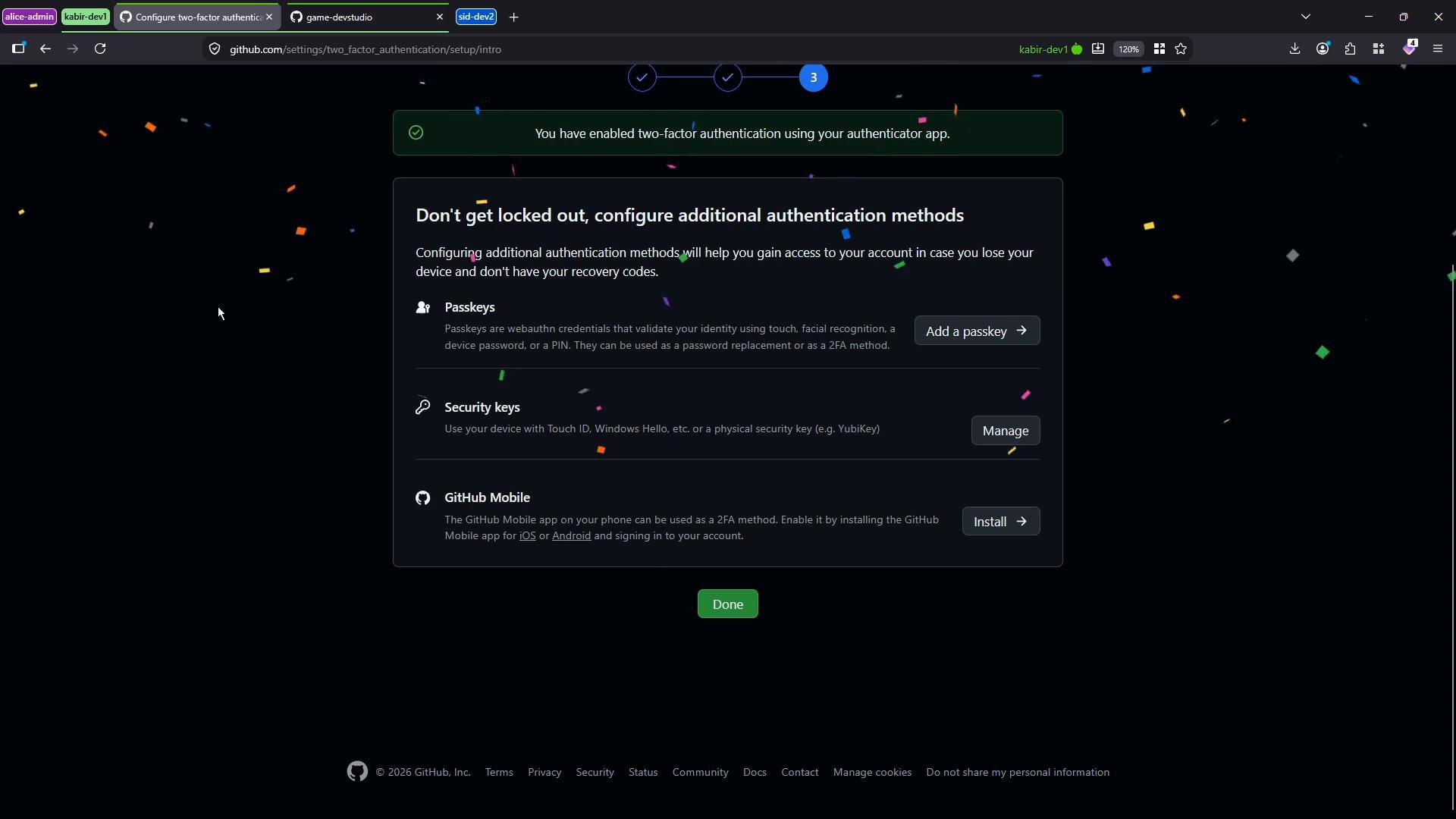 A screenshot of a GitHub settings page confirming two-factor authentication is enabled, showing options to add passkeys, security keys, or the GitHub Mobile app. Confetti is visible on a dark background and there's a green "Done" button at the bottom.
