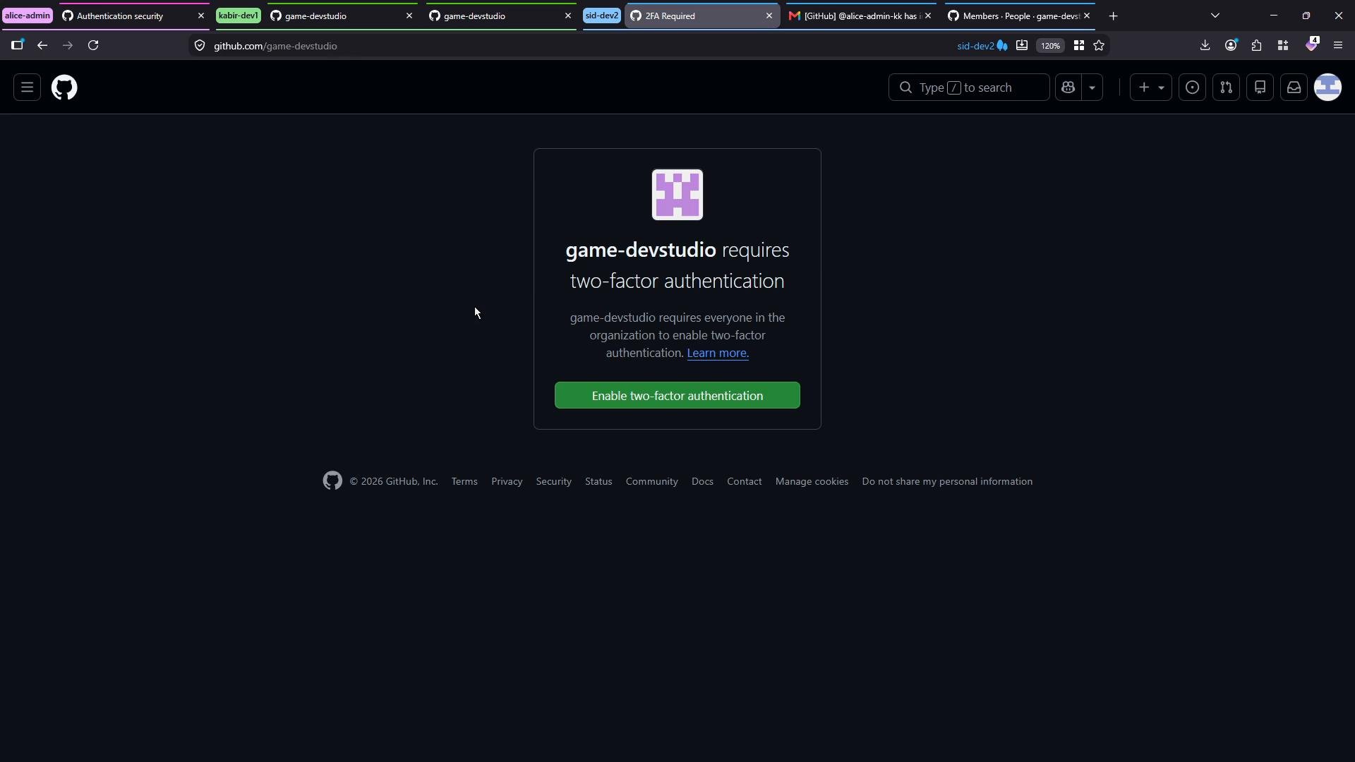 A dark-mode GitHub page showing that the "game-devstudio" organization requires two-factor authentication. The centered message card includes the org avatar and a green "Enable two-factor authentication" button.