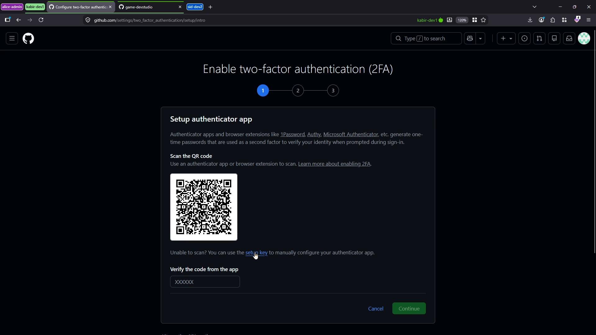 Screenshot of GitHub's "Enable two-factor authentication (2FA)" setup page showing a QR code for an authenticator app and a field to enter the verification code. The page includes instructions and a progress indicator at the top.