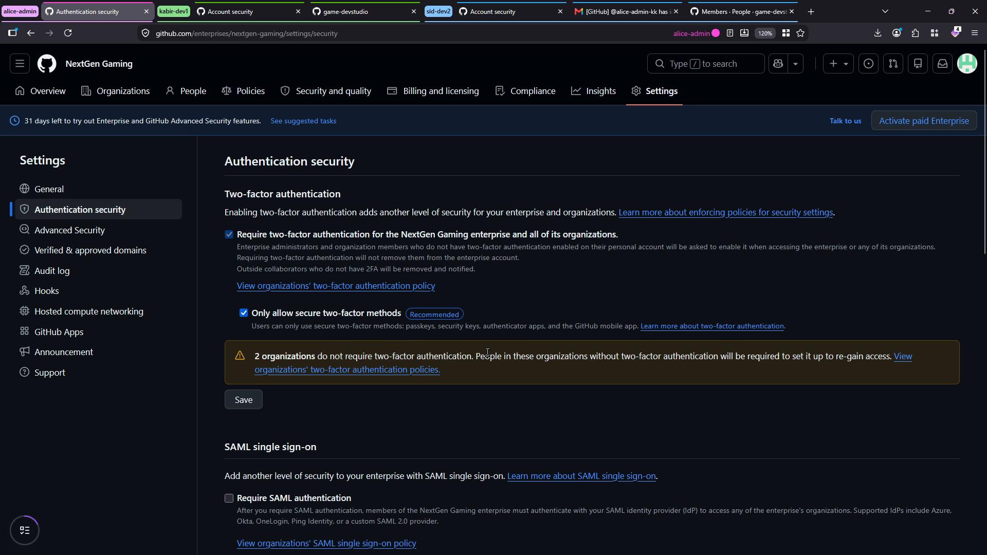 A screenshot of a GitHub Enterprise "NextGen Gaming" settings page showing the Authentication security section. It displays options for two-factor authentication (including a warning about organizations not requiring 2FA) and SAML single sign-on settings.