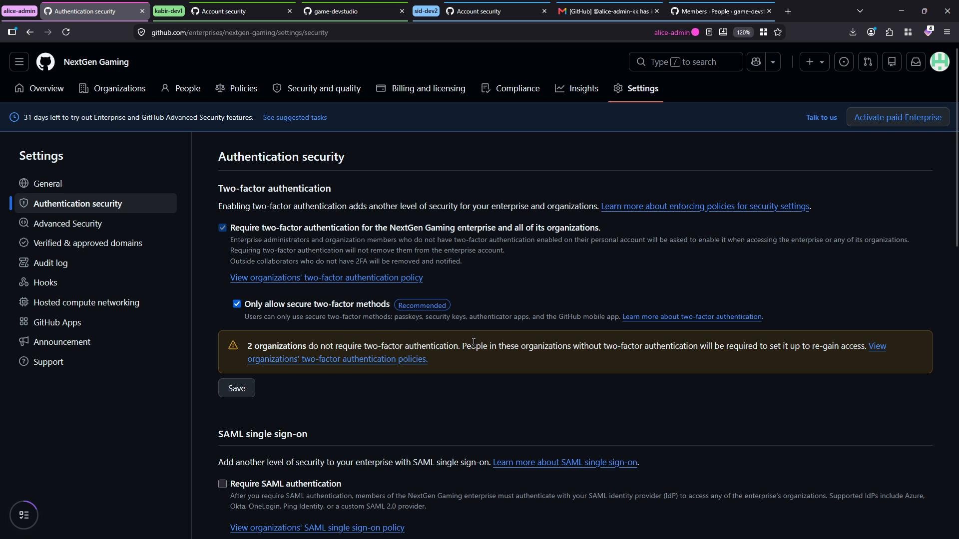 A screenshot of a GitHub Enterprise "NextGen Gaming" settings page showing the Authentication security section. It displays options for two-factor authentication (including a warning about organizations not requiring 2FA) and SAML single sign-on settings.