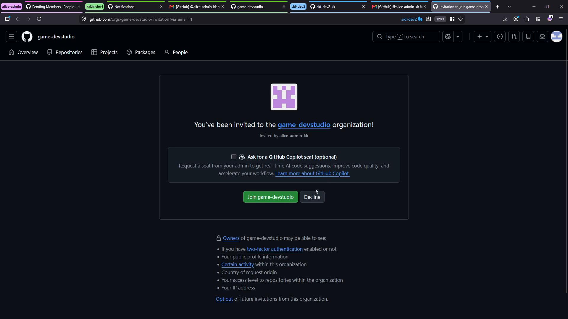 A dark-mode GitHub page showing an invitation to join the "game-devstudio" organization with "Join game-devstudio" and "Decline" buttons. The invite (from alice-admin-kk) also offers an optional request for a GitHub Copilot seat.