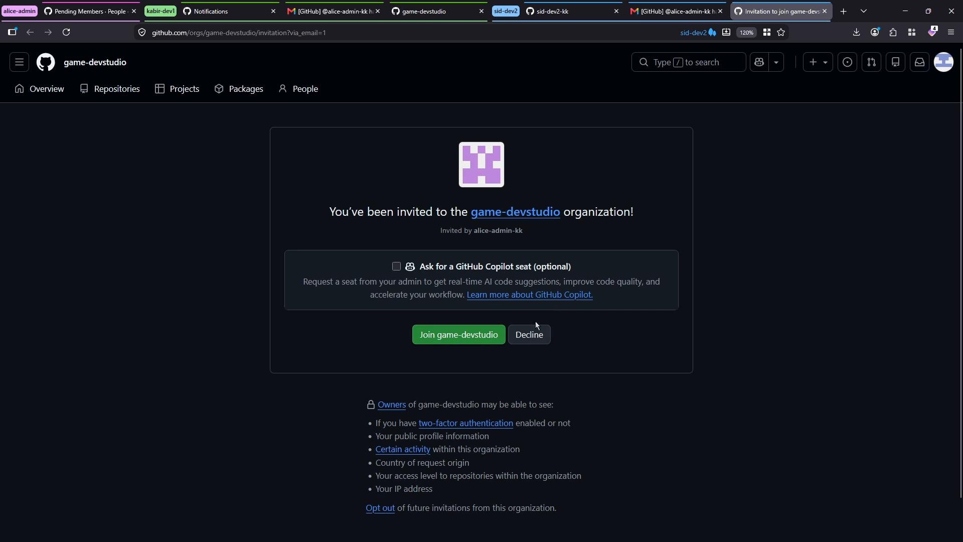 A dark-mode GitHub page showing an invitation to join the "game-devstudio" organization with "Join game-devstudio" and "Decline" buttons. The invite (from alice-admin-kk) also offers an optional request for a GitHub Copilot seat.
