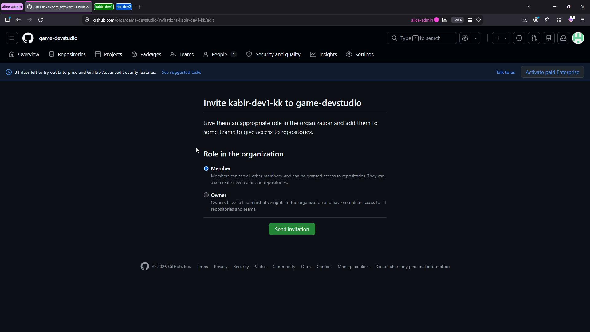 A dark‑mode GitHub organization page showing an invitation to add user "kabir-dev1-kk" to the game-devstudio org, with role options (Member or Owner) and a green "Send invitation" button.
