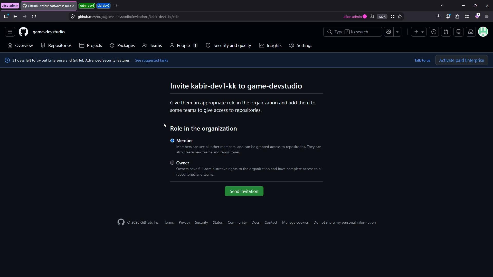 A dark‑mode GitHub organization page showing an invitation to add user "kabir-dev1-kk" to the game-devstudio org, with role options (Member or Owner) and a green "Send invitation" button.
