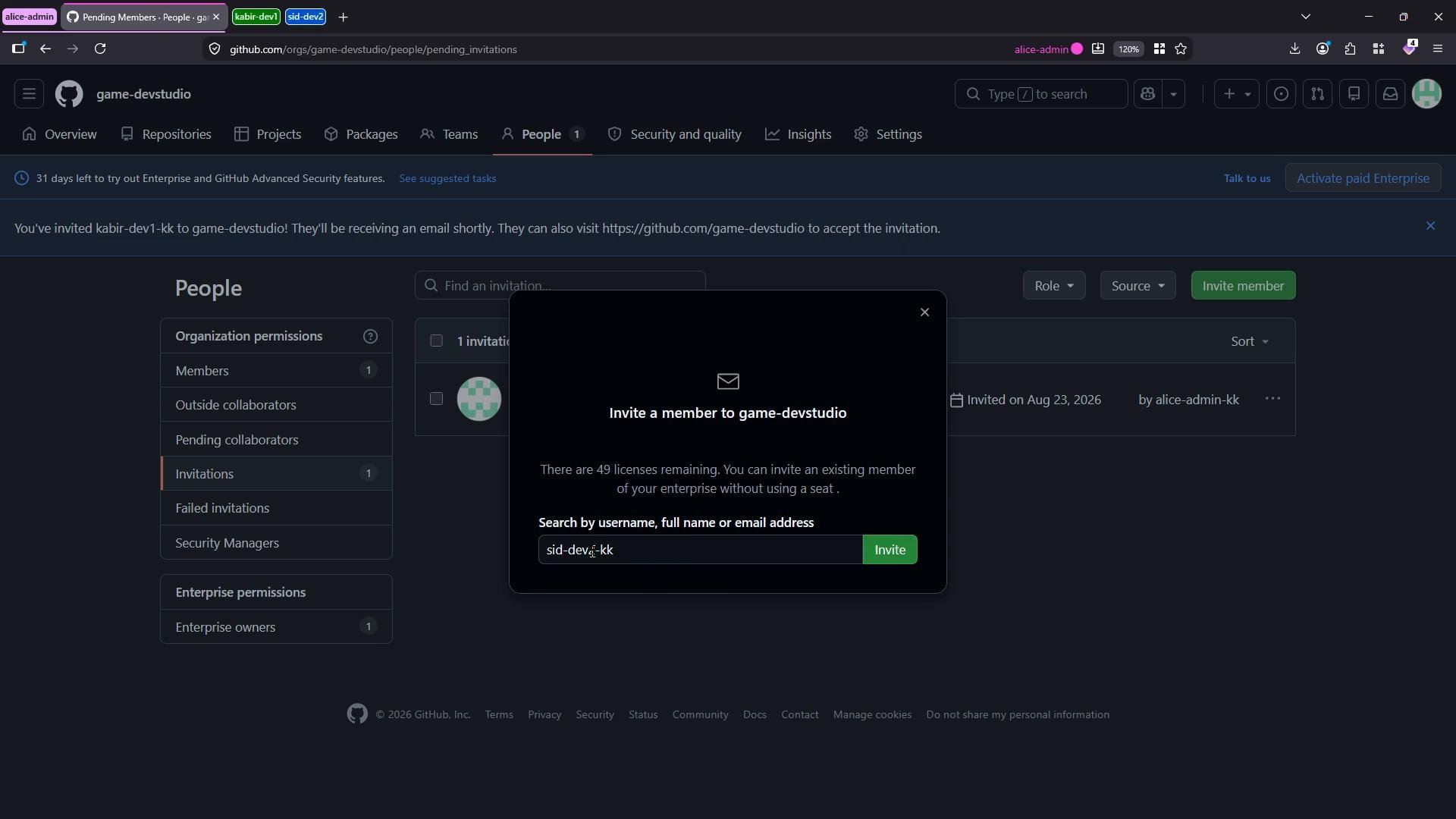 A dark-mode screenshot of a GitHub organization "game-devstudio" People page with the Invitations section visible. A modal titled "Invite a member to game-devstudio" is open, showing a search field and an invite button.