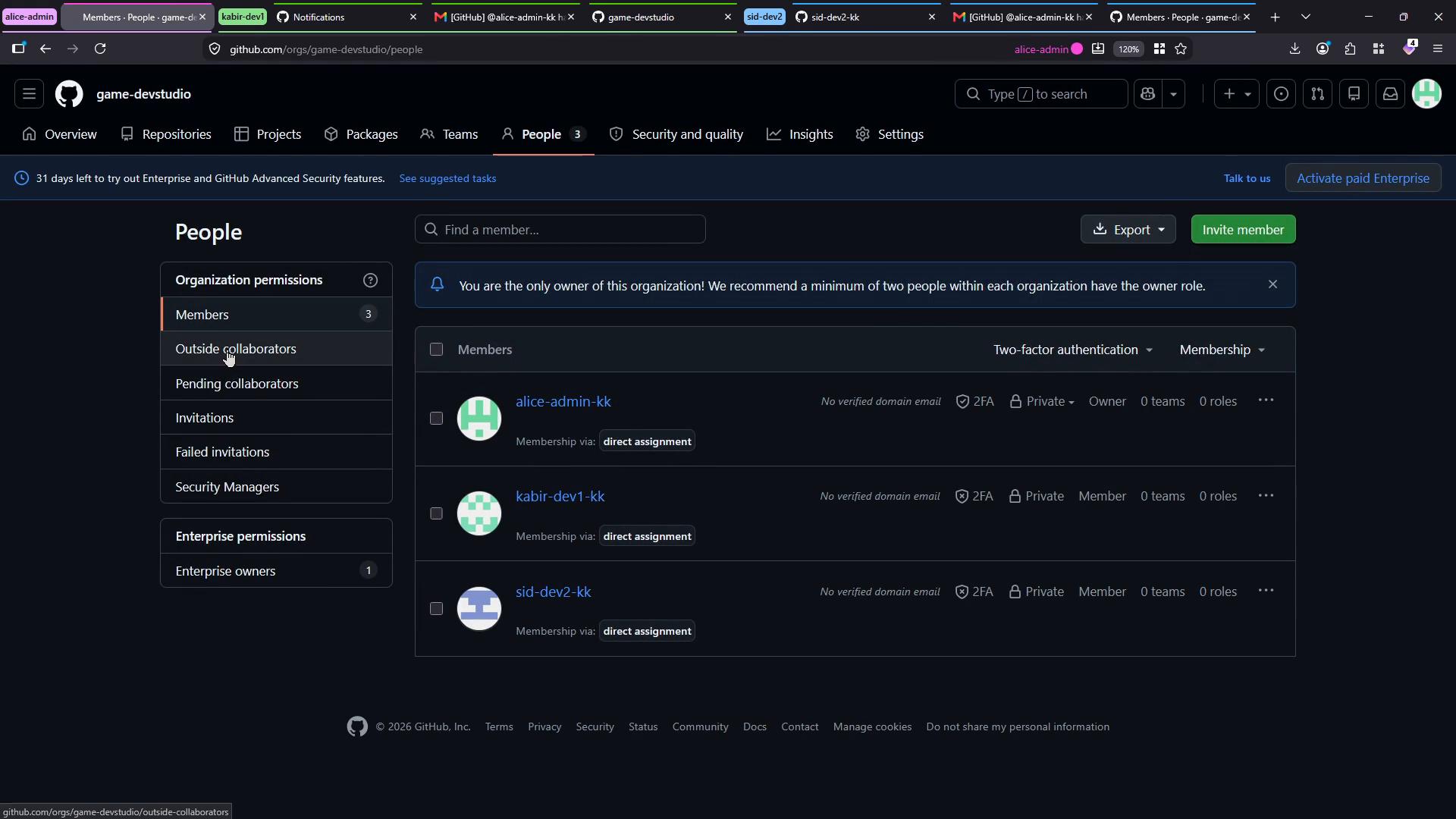 A dark-mode screenshot of a GitHub organization's "People" page. It shows organization permission tabs on the left and a list of three members with membership and two-factor authentication details on the right.