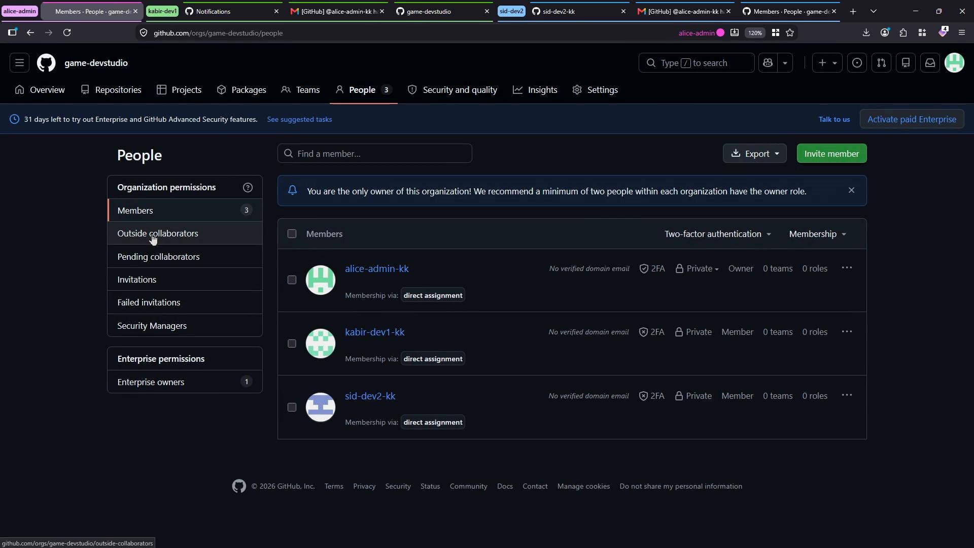 A dark-mode screenshot of a GitHub organization's "People" page. It shows organization permission tabs on the left and a list of three members with membership and two-factor authentication details on the right.