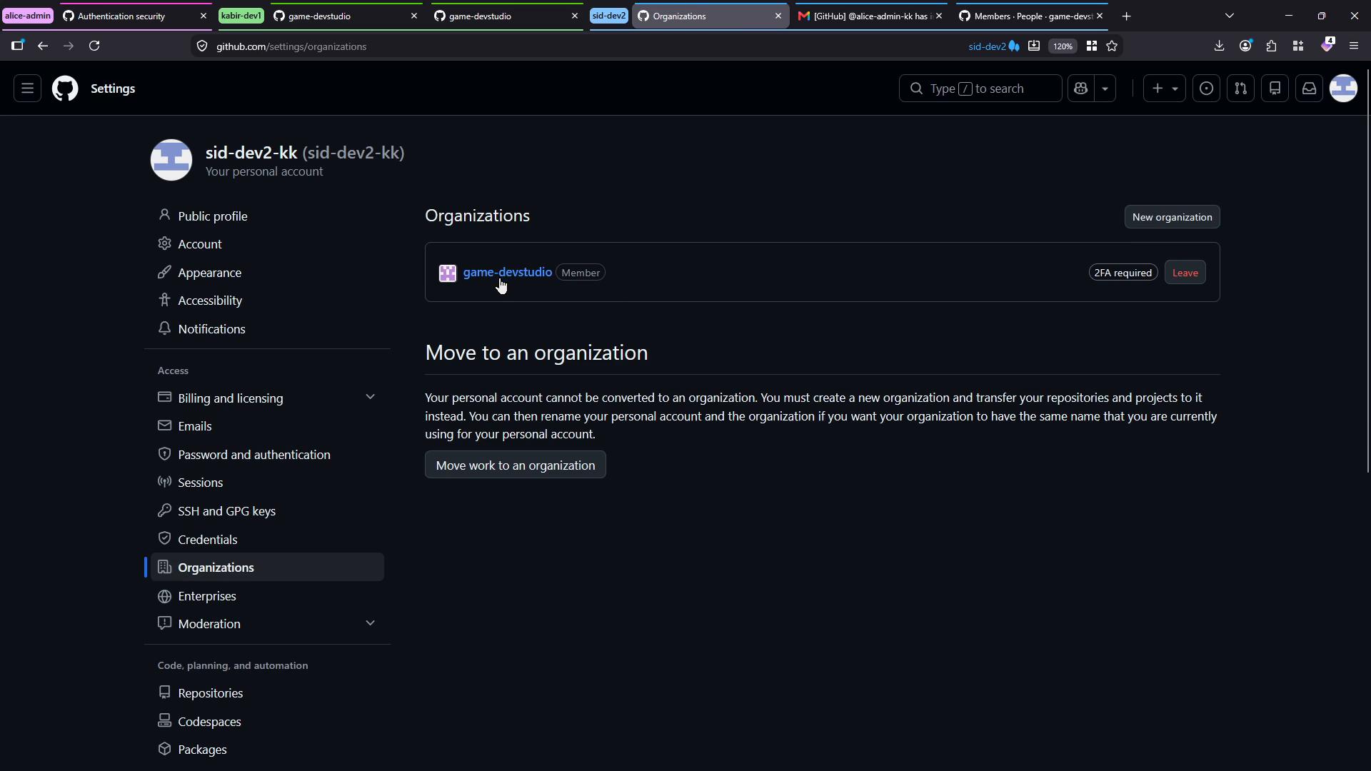A GitHub Settings page in dark mode showing the "Organizations" section for the account "sid-dev2-kk," with the organization "game-devstudio" listed and buttons to move work or leave the organization.