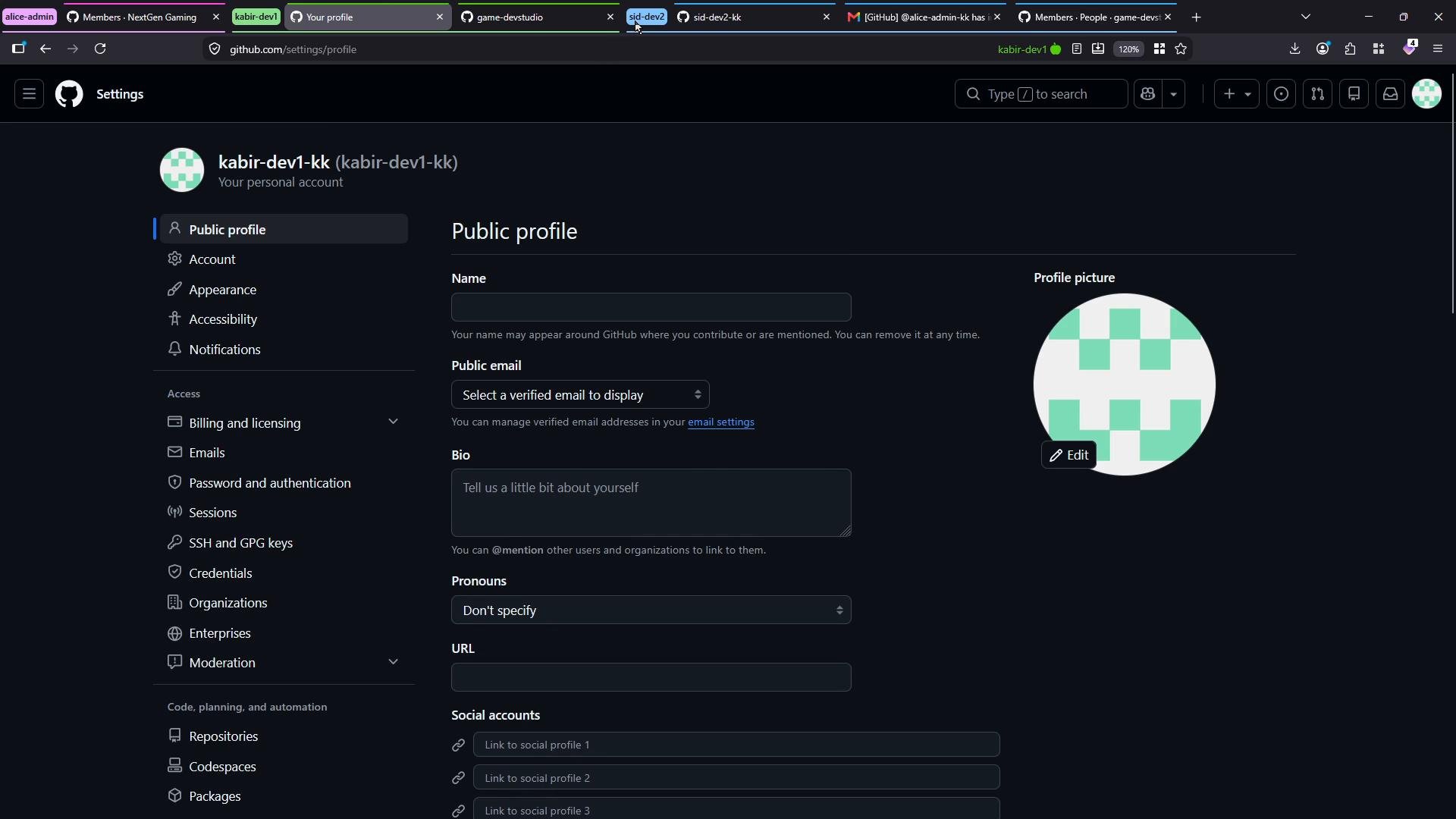 A screenshot of GitHub's dark‑mode Settings page open to the "Public profile" section, showing a circular avatar and form fields for name, email, bio, pronouns, URL, and social links. The left sidebar lists other account settings and browser tabs are visible along the top.