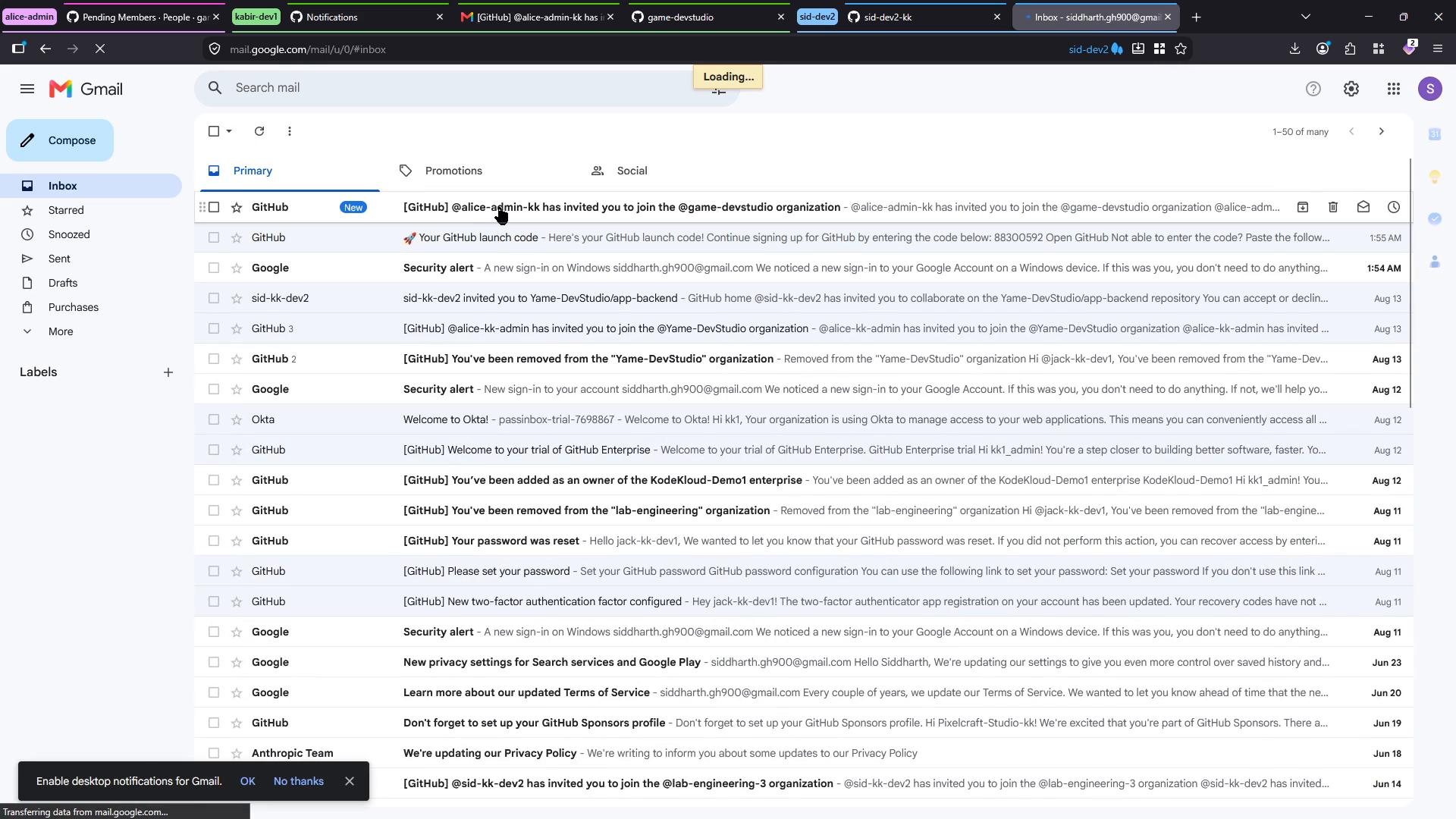 A screenshot of a Gmail inbox (Primary tab) showing a long list of emails—many GitHub and Google notifications—along with the left sidebar (Compose, Inbox, Labels) and browser tabs visible at the top.