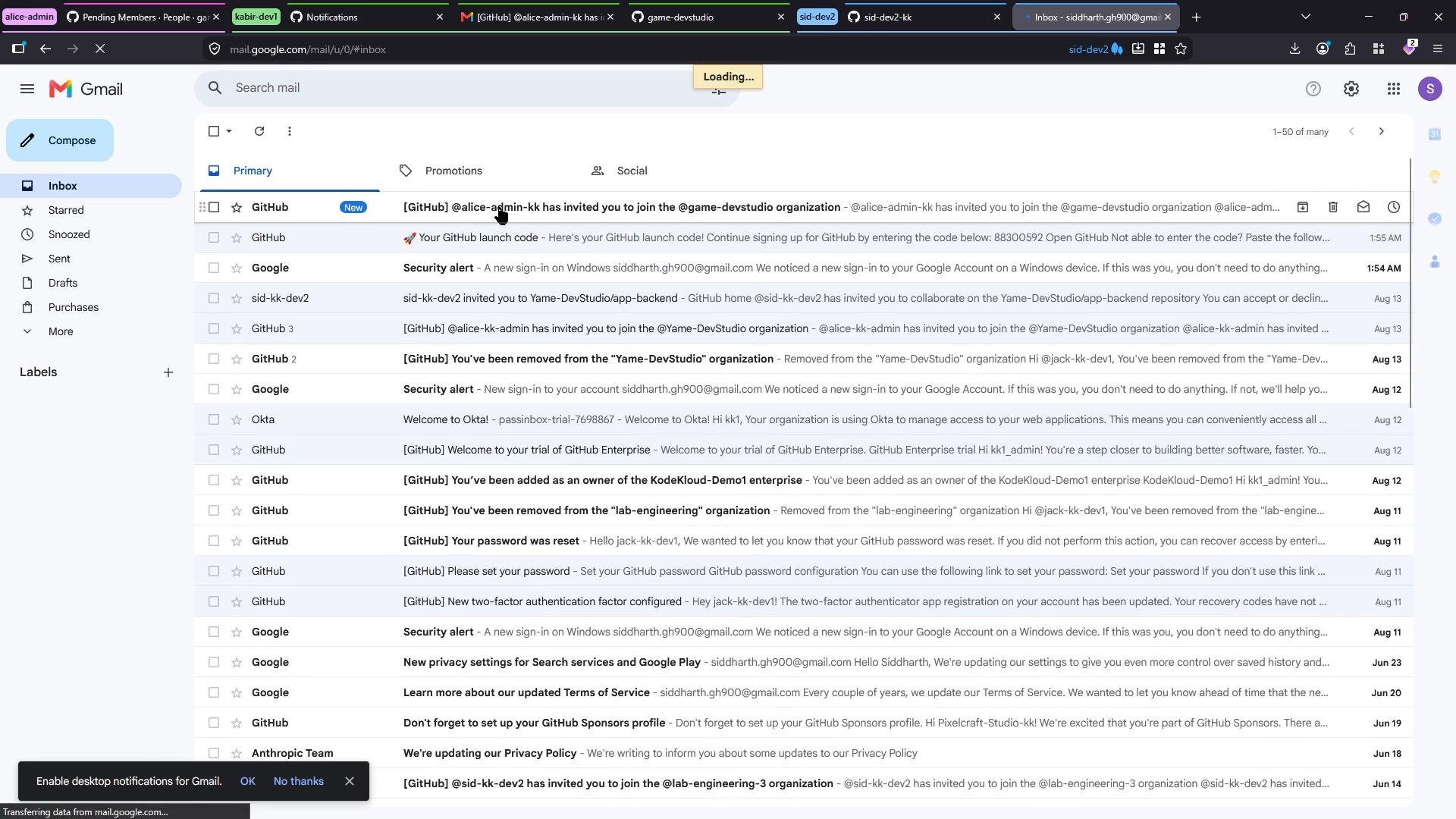 A screenshot of a Gmail inbox (Primary tab) showing a long list of emails—many GitHub and Google notifications—along with the left sidebar (Compose, Inbox, Labels) and browser tabs visible at the top.