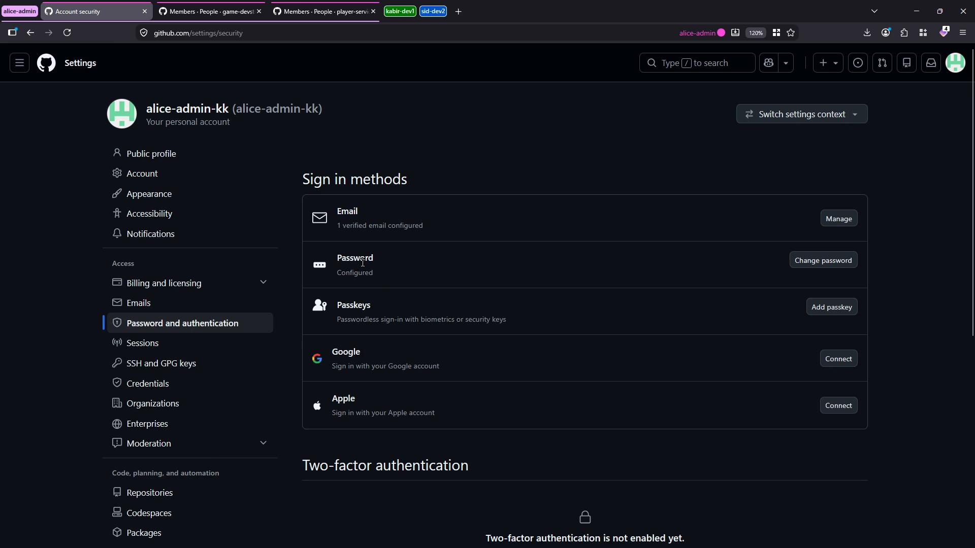 A dark-mode GitHub account settings page showing "Sign in methods" with options for Email, Password, Passkeys, Google and Apple. The page also shows the Two-factor authentication section noting it's not enabled yet.
