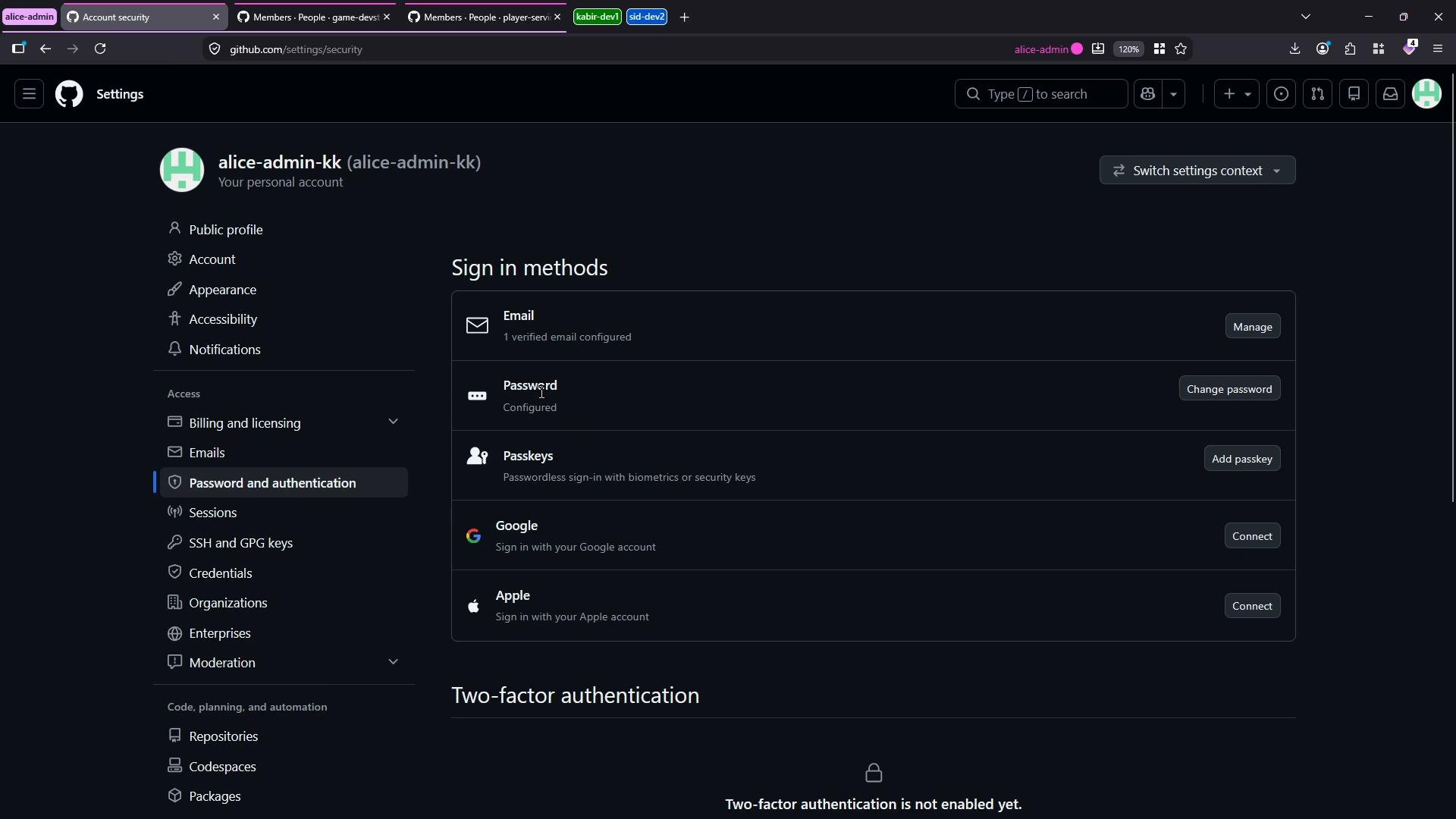 A dark-mode GitHub account settings page showing "Sign in methods" with options for Email, Password, Passkeys, Google and Apple. The page also shows the Two-factor authentication section noting it's not enabled yet.