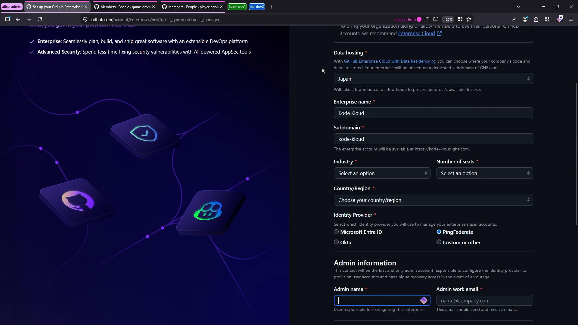 A dark-themed screenshot of the GitHub Enterprise account creation page showing form fields (Data hosting set to Japan, Enterprise name "Kode Kloud", Subdomain "kode-kloud") and identity provider options. The left side has decorative purple-blue tech icons and connecting lines.