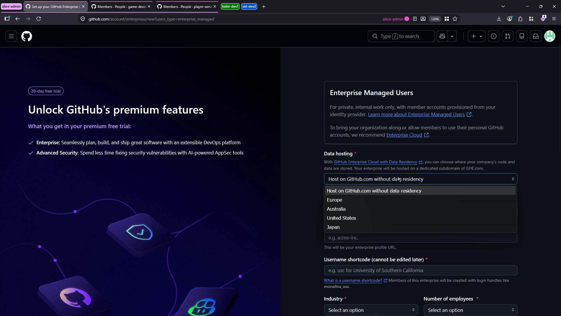 A dark-themed GitHub webpage screenshot advertising a 30-day free trial to "Unlock GitHub's premium features," with promotional text and icons on the left. The right side shows an "Enterprise Managed Users" panel and form fields including a data-hosting dropdown for enterprise setup.