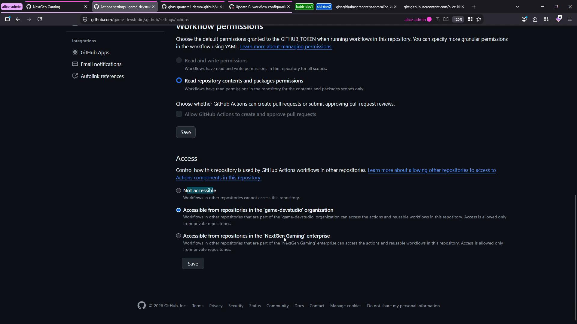 A dark-mode screenshot of a GitHub repository's Actions settings page. It shows "Workflow permissions" and "Access" options with radio buttons selecting read-only repository contents and accessibility from the "game-devstudio" organization.