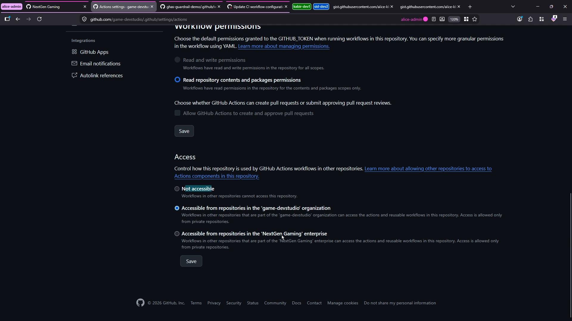 A dark-mode screenshot of a GitHub repository's Actions settings page. It shows "Workflow permissions" and "Access" options with radio buttons selecting read-only repository contents and accessibility from the "game-devstudio" organization.