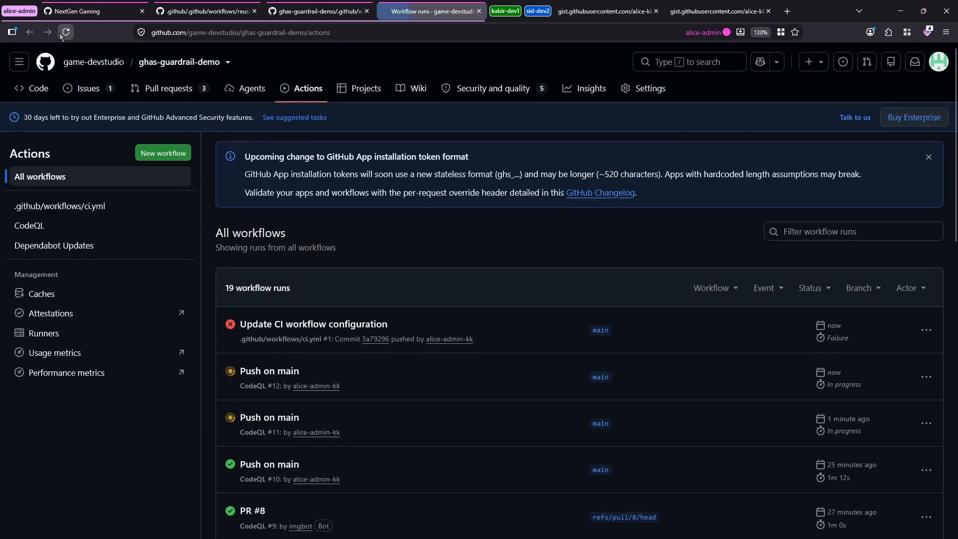A dark-themed GitHub Actions page showing a repository's workflows and a list of recent workflow runs with status icons. The left sidebar displays workflow files and management options like caches, runners, and metrics.