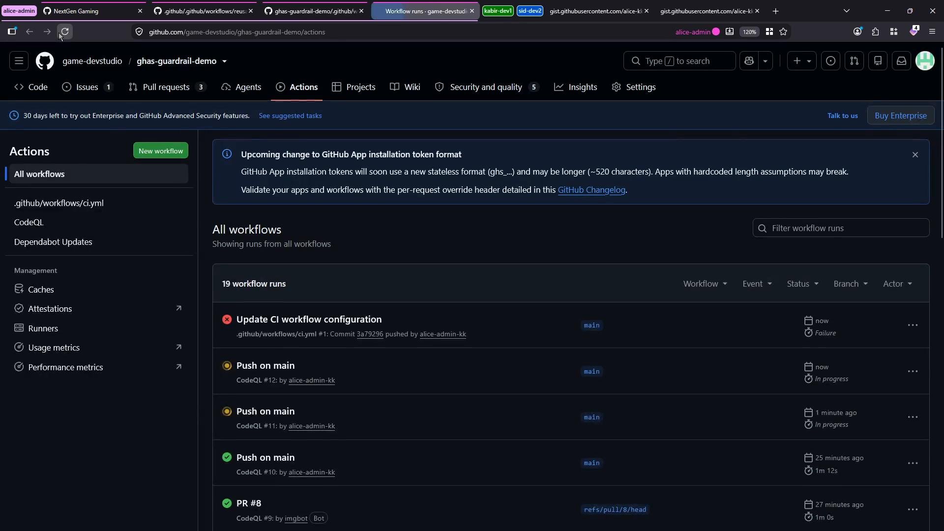 A dark-themed GitHub Actions page showing a repository's workflows and a list of recent workflow runs with status icons. The left sidebar displays workflow files and management options like caches, runners, and metrics.