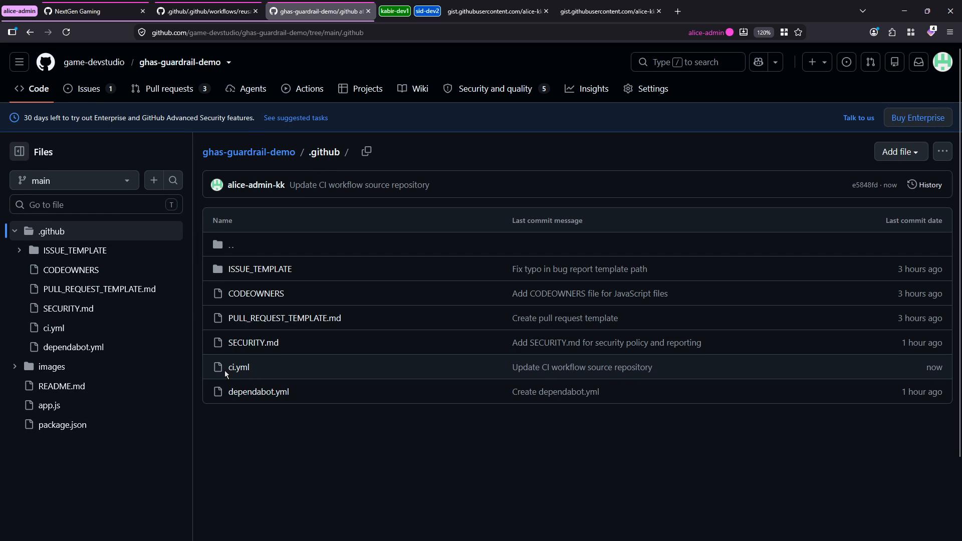 A dark-mode screenshot of a GitHub repository page showing the .github folder and file tree. The main panel lists files like ISSUE_TEMPLATE, CODEOWNERS, PULL_REQUEST_TEMPLATE.md, SECURITY.md, ci.yml and dependabot.yml.
