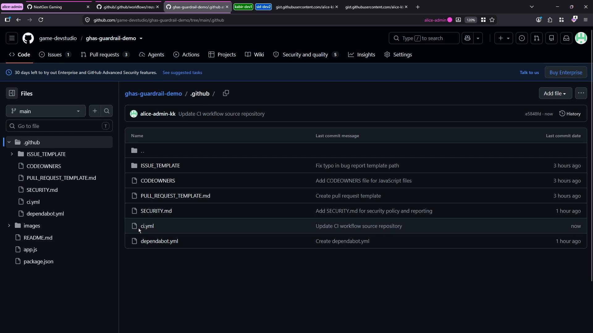 A dark-mode screenshot of a GitHub repository page showing the .github folder and file tree. The main panel lists files like ISSUE_TEMPLATE, CODEOWNERS, PULL_REQUEST_TEMPLATE.md, SECURITY.md, ci.yml and dependabot.yml.