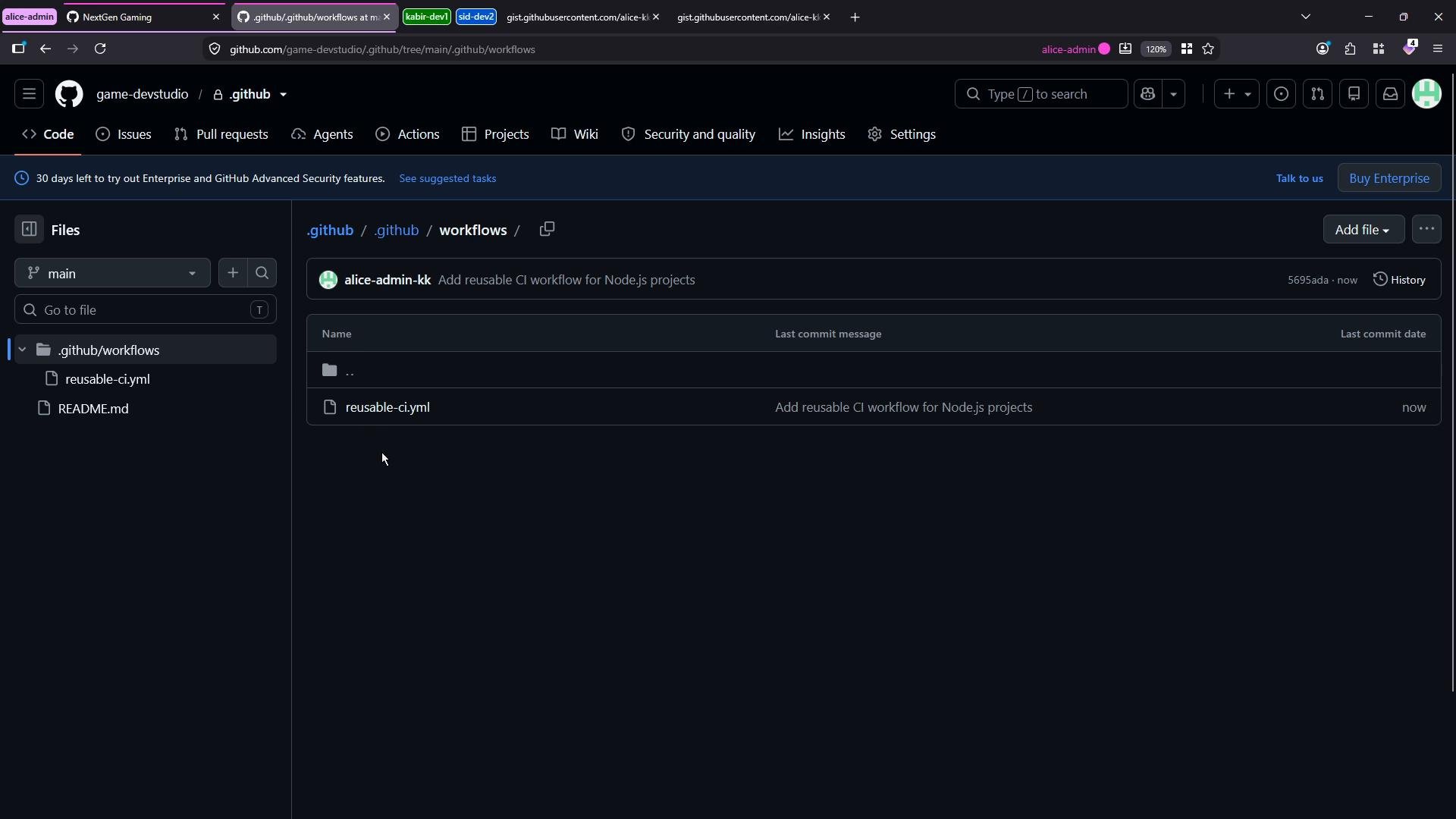 Screenshot of a GitHub repository in dark mode showing the .github/workflows directory with a reusable-ci.yml file. The left sidebar shows the file tree and the main pane lists the workflow file and its commit message.