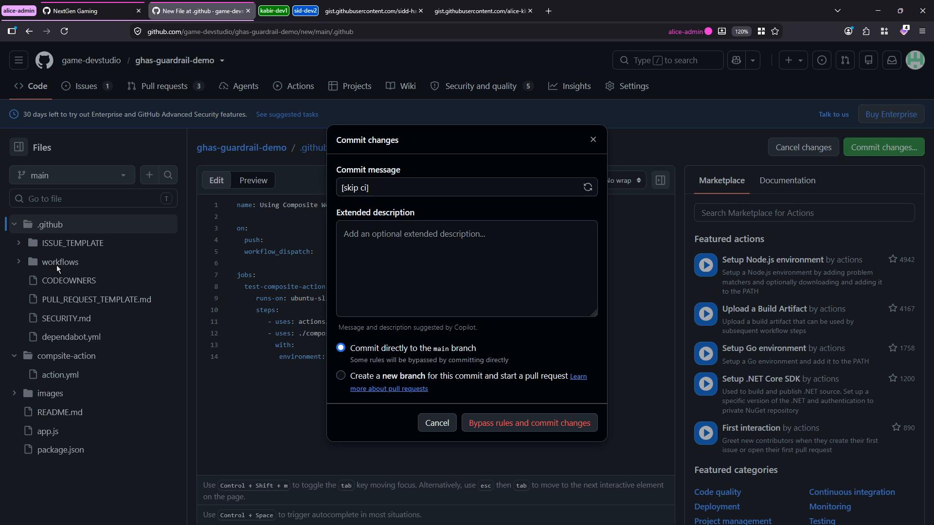 A dark-themed GitHub repository page showing the .github file tree on the left and a centered "Commit changes" dialog with the commit message set to "[skip ci]". The right column displays the Actions/Marketplace panel.