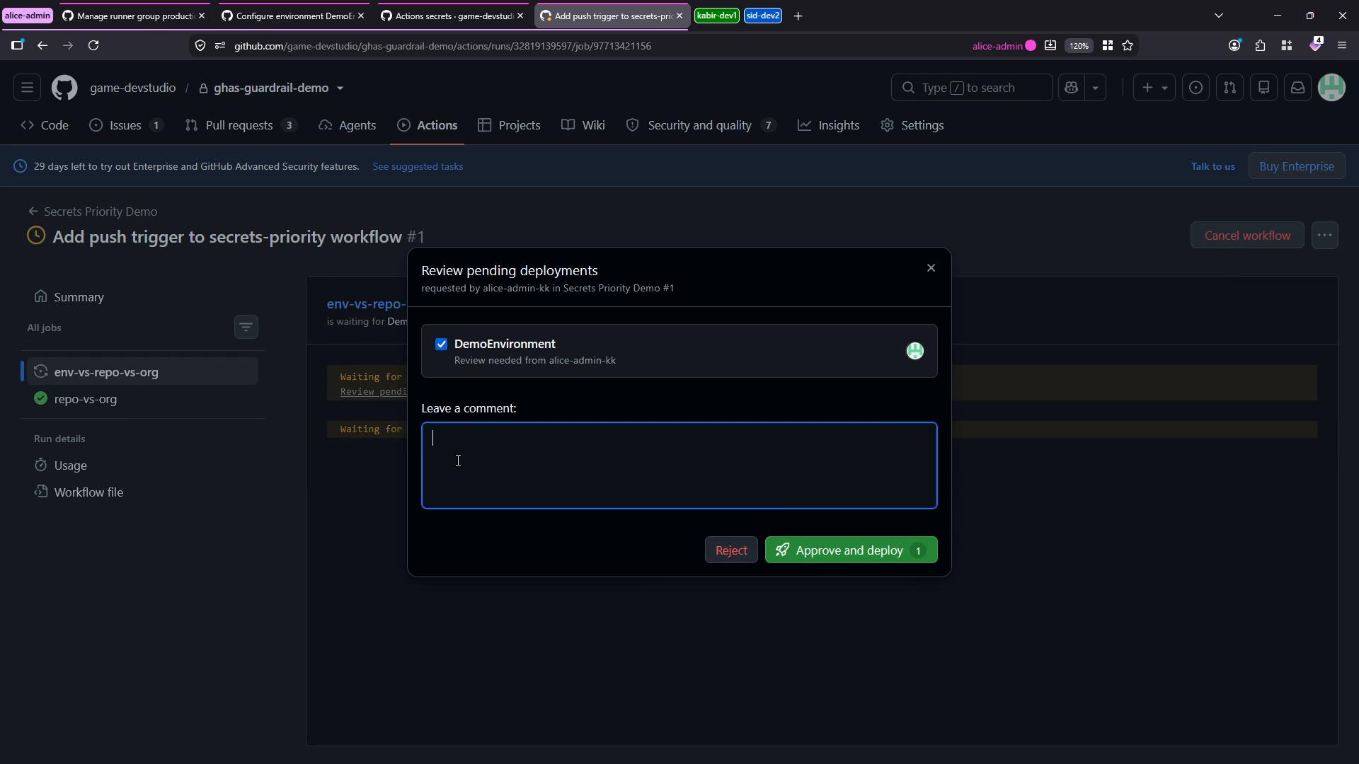 A GitHub Actions workflow run page with a "Review pending deployments" approval modal open. The dialog lists "DemoEnvironment", includes a comment box, and buttons to Reject or "Approve and deploy" while the workflow details are visible in the background.