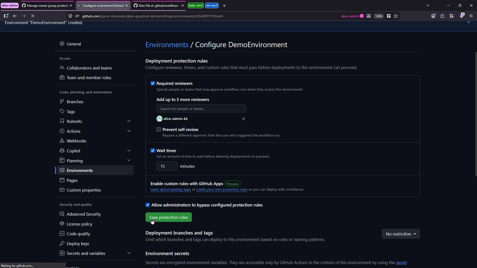 A screenshot of the GitHub repository settings page for "Environments / Configure DemoEnvironment," showing deployment protection rules. It displays options like required reviewers, a 15-minute wait timer, and a green "Save protection rules" button.
