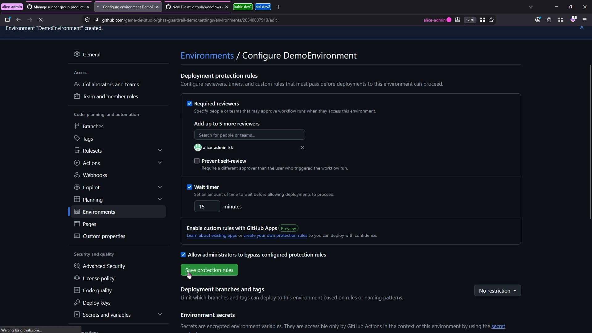 A screenshot of the GitHub repository settings page for "Environments / Configure DemoEnvironment," showing deployment protection rules. It displays options like required reviewers, a 15-minute wait timer, and a green "Save protection rules" button.