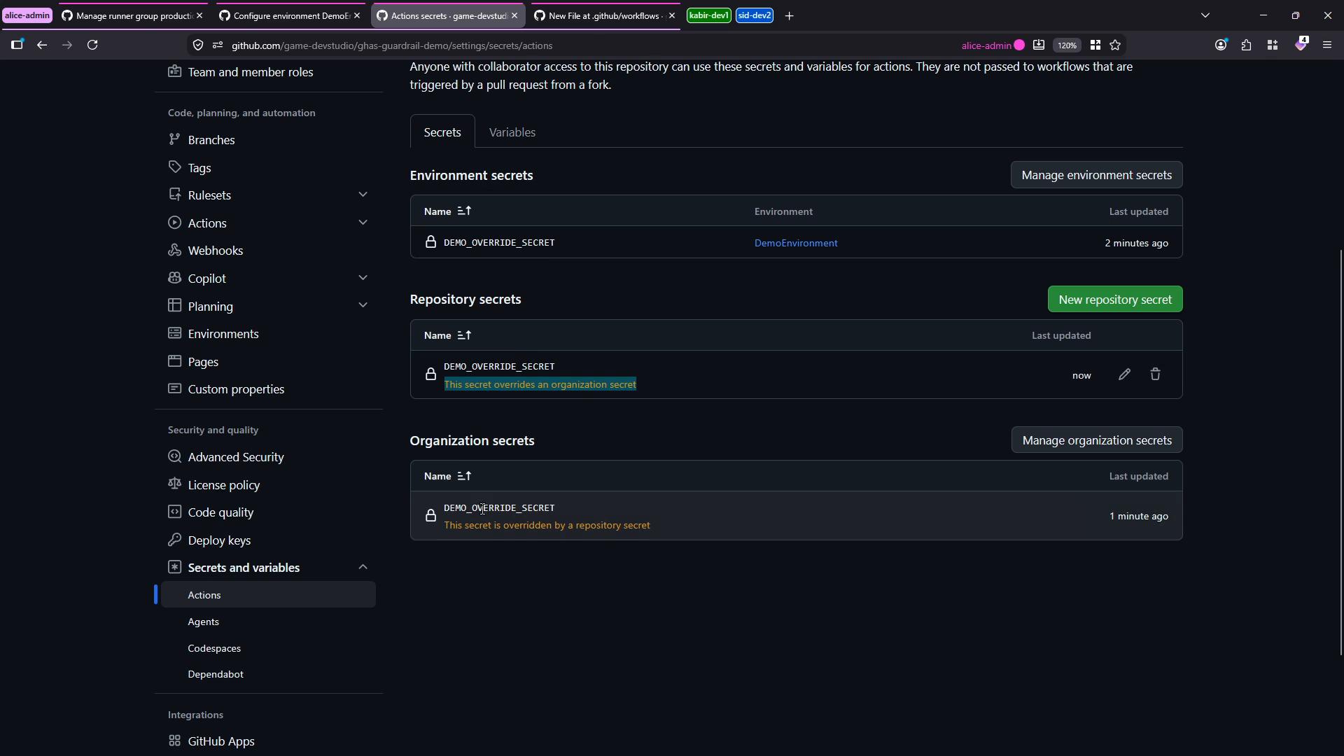 A dark-mode screenshot of a GitHub repository "Secrets and variables" settings page showing Environment, Repository, and Organization secrets — each listing a DEMO_OVERRIDE_SECRET with controls to manage or create secrets. The left sidebar displays repository settings (Branches, Actions, Webhooks, etc.).
