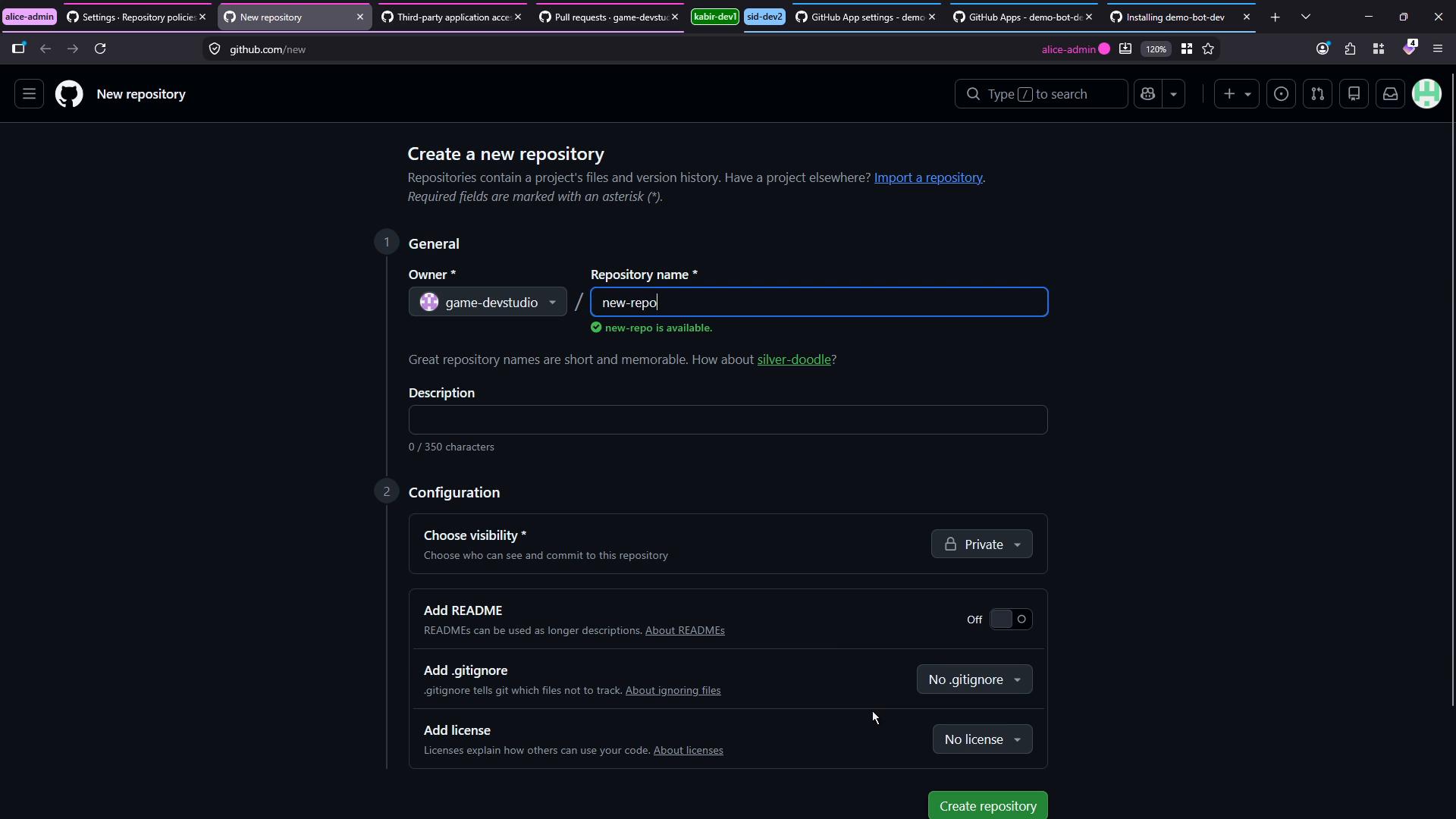 A dark-mode screenshot of GitHub’s "Create a new repository" page showing fields for owner, repository name (entered as "new-repo"), description, visibility and options like README, .gitignore and license. The browser window also shows multiple open tabs along the top.