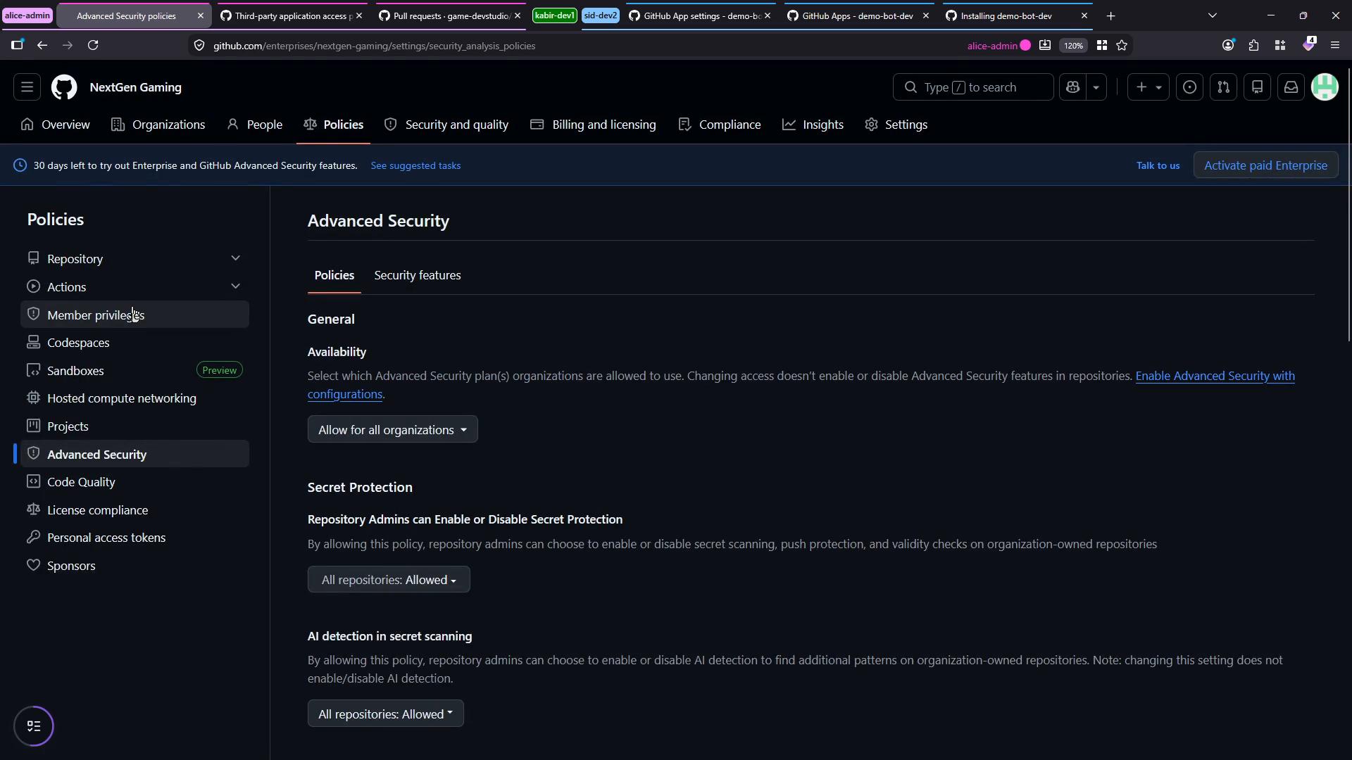 A dark-mode screenshot of a GitHub Enterprise "NextGen Gaming" settings page showing the "Advanced Security" policies screen with options for Availability, Secret Protection, and AI detection in secret scanning. The left sidebar lists other policy sections like Repository, Actions, Member privileges, Codespaces, and Advanced Security (highlighted).
