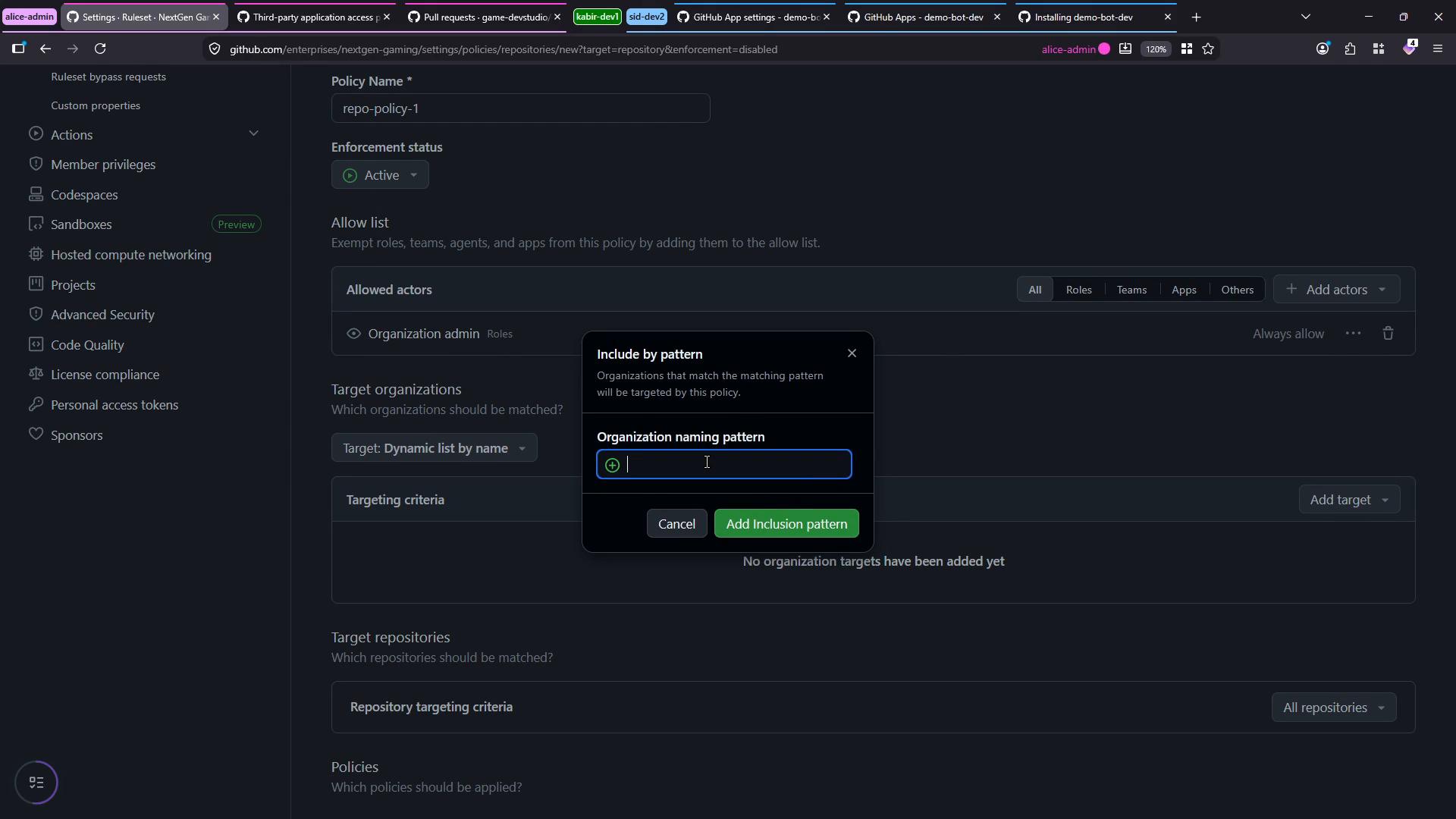 A dark-mode GitHub Enterprise settings page for creating a repository policy named "repo-policy-1," with an "Include by pattern" modal open asking for an organization naming pattern. The left sidebar shows admin menus like Actions, Codespaces, Advanced Security and other organization settings.