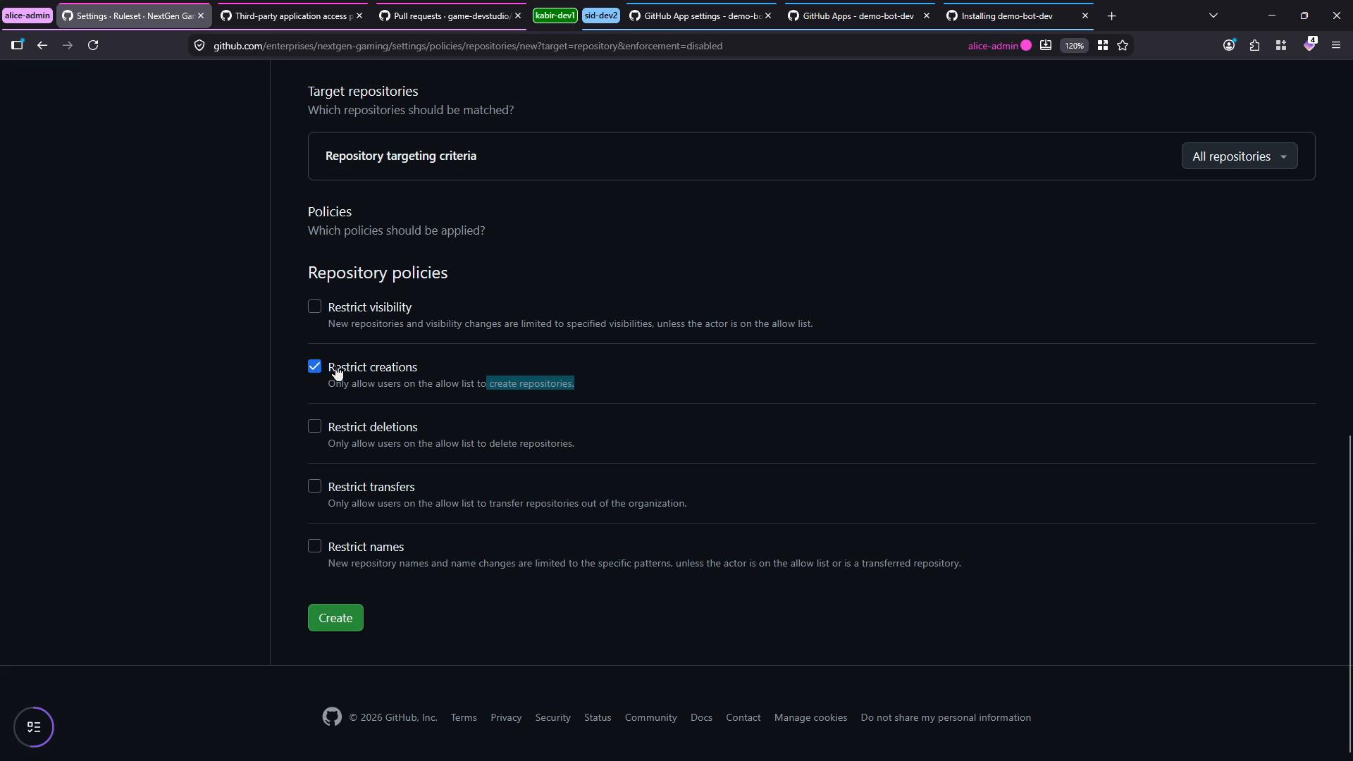 A dark‑theme screenshot of a GitHub Enterprise settings page showing "Target repositories" and "Repository policies" with several checkboxes (including "Restrict creations" checked) and a green "Create" button. The browser tab bar and URL are visible at the top.