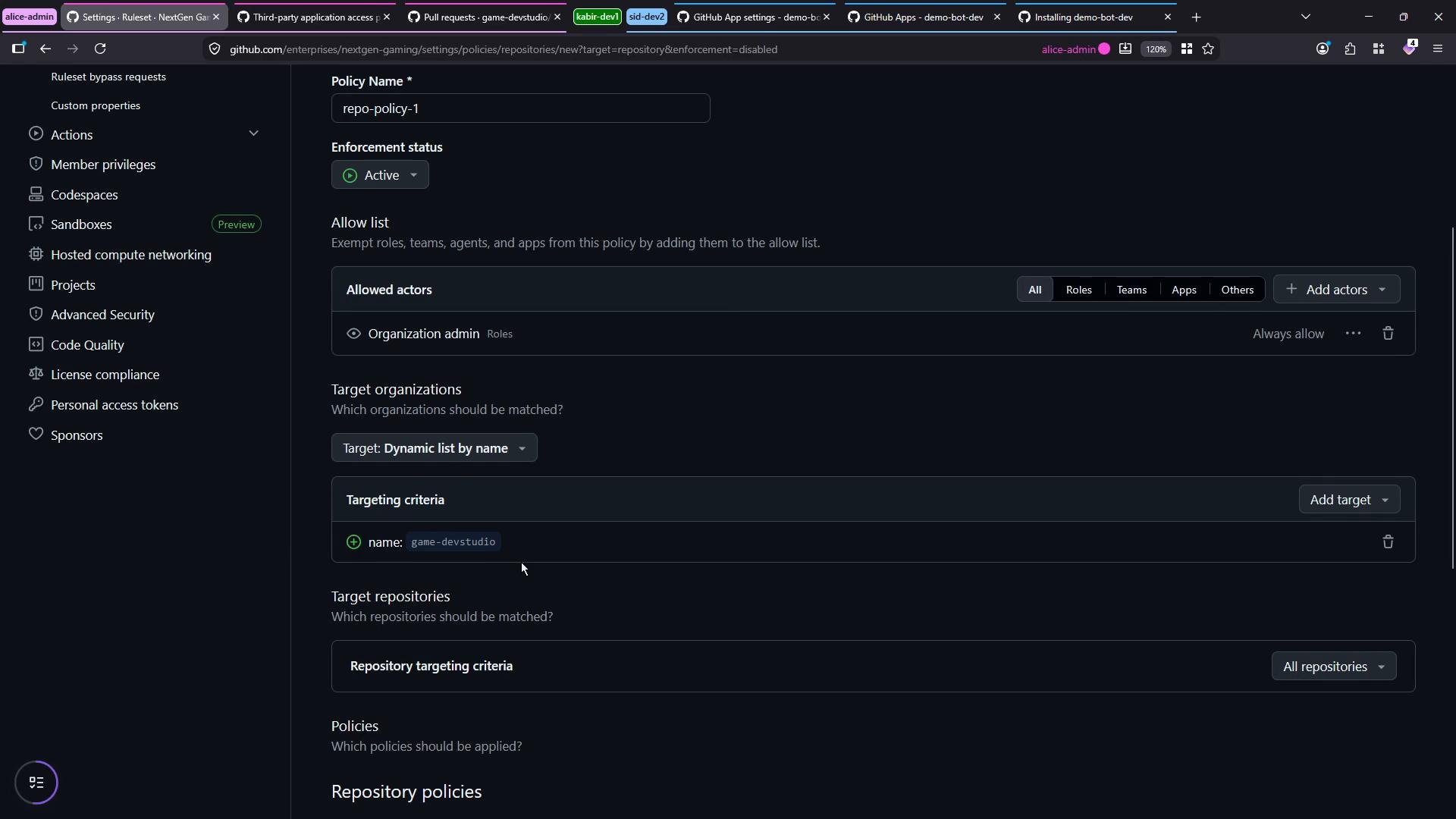 A dark-mode screenshot of a GitHub Enterprise settings page for creating a repository policy named "repo-policy-1." It shows enforcement set to Active, an allow list with "Organization admin," and targeting criteria matching an organization named "game-devstudio."